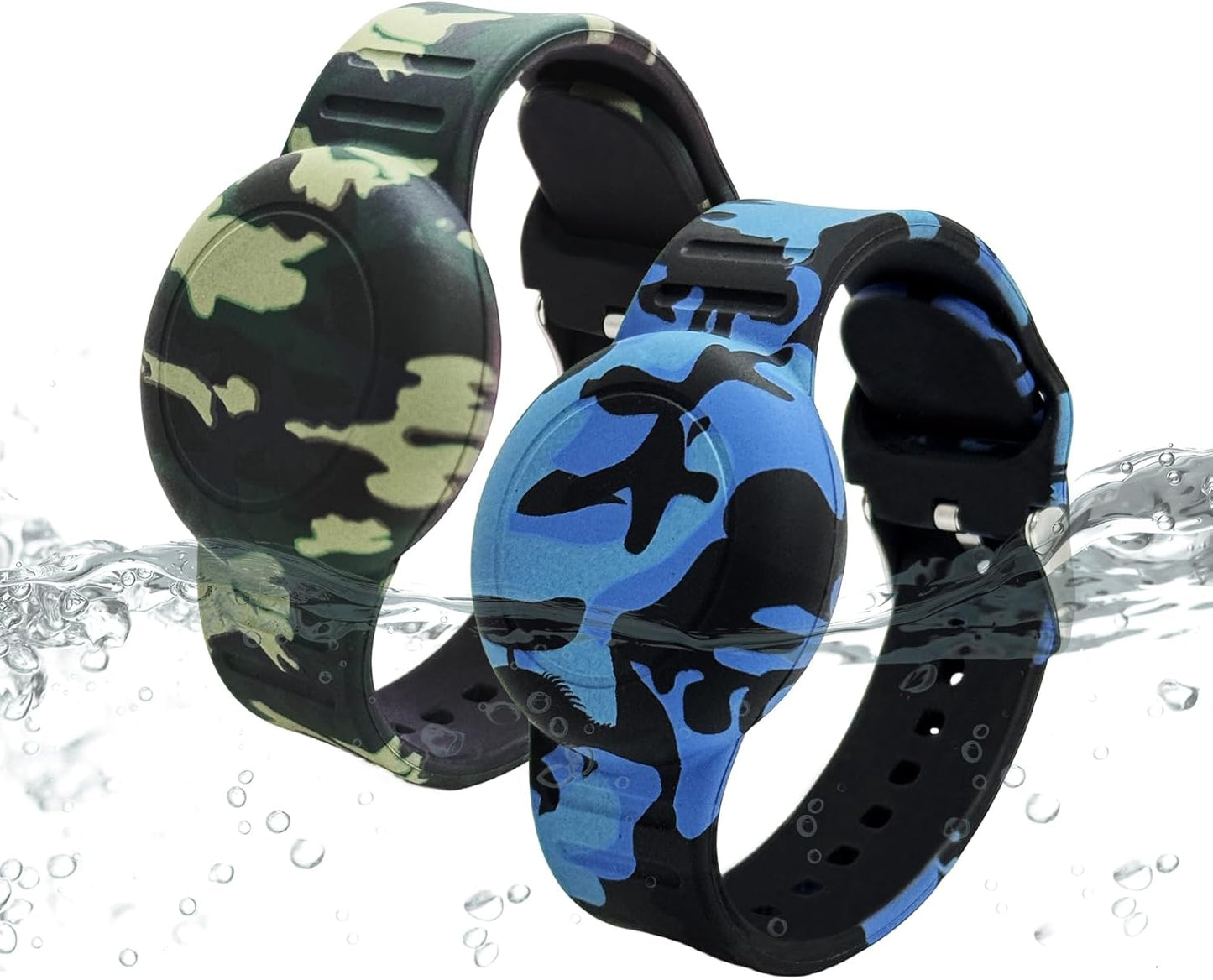 Waterproof AirTag Bracelet for Kids, Soft Silicone Air Tag Hidden Holder Case Compatible with Apple Airtag, Adjustable Anti-Lost Printed Strap GPS Traker for Toddler Child(2 Pack, Green & Blue)