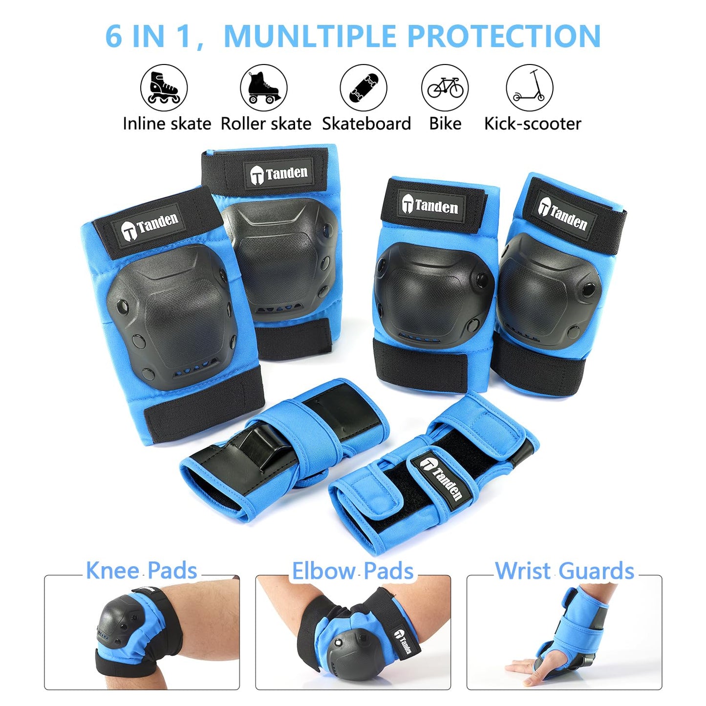 Skate Protective Gear Knee and Elbow Pads, Wrist Guards Blue for Adult Roller Skating & Skateboarding