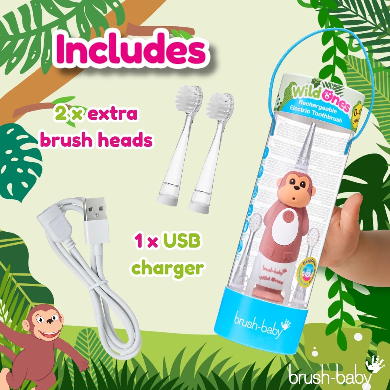 brush-baby WildOnes™ Rechargeable Kids Electric Toothbrush – Monkey | Flashing Lights, 2-Min Timer, Waterproof, 3 Brush Heads | Toddler & Child Toothbrush Ages 0-10 | Soft Bristles