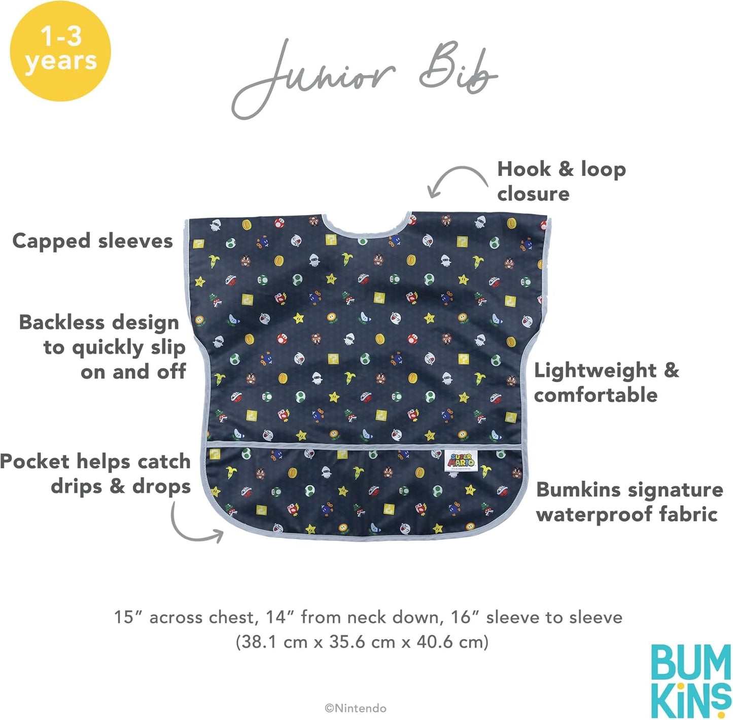 Bumkins Bibs - Toddler Bibs, Waterproof, Large for 1-3 Years, Short Sleeve