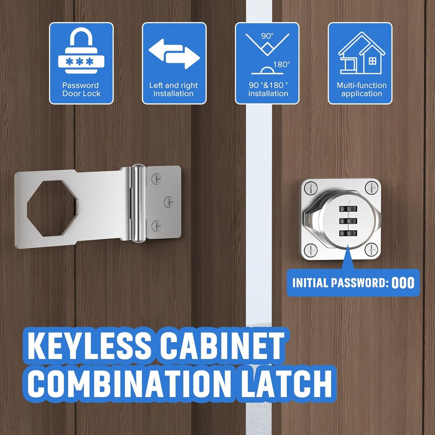 Household Cabinet Password Hasp Locks, Cabinet Locks with Combination, Door Security Slide Latch for Small Barn Doors, Bathroom, Outdoor, Garden (4 Pack Silver)