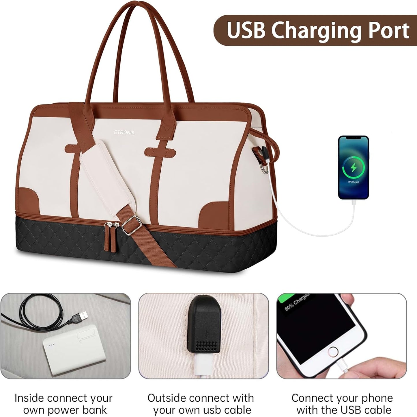 ETRONIK Weekender Overnight Bags for Women, Large Travel Duffle Bags with Shoe Compartment & Wet Pocket, Carry On Gym Bag with Toiletry Bags for Hospital 3 Pcs Set, Large Size, Black Beige Brown