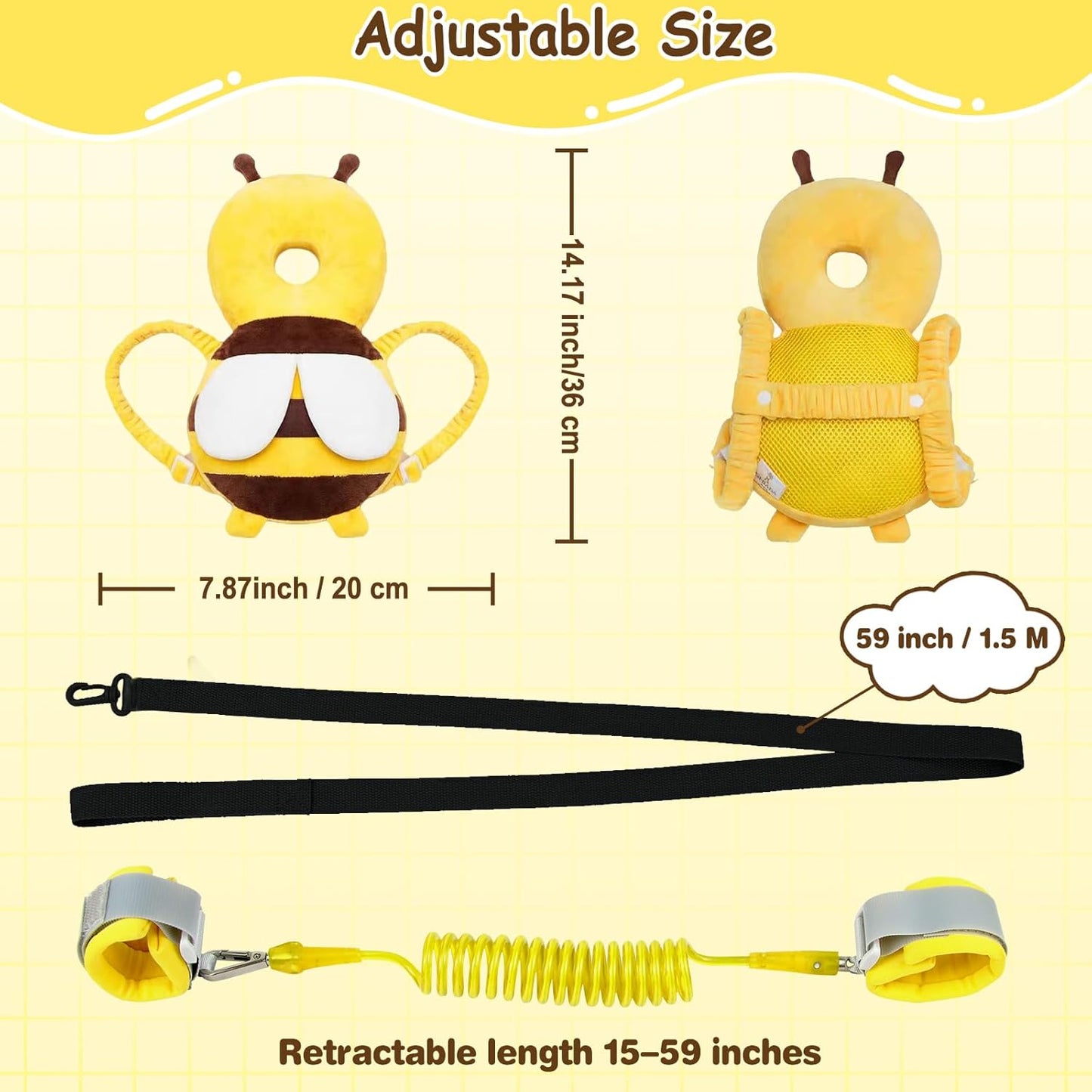 Baby Head Protector Backpack with Toddler Leash, Anti Lost Wrist Link, Adjustable Toddler Head Protection Backpack, 3 in 1 Cute Baby Fall Back Head Protector for Crawling Walking Gifts(Yellow Bee)