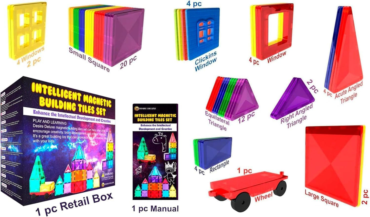 Desire Deluxe Magnetic Tiles Blocks Building Set for Kids – Learning Educational Toys for Boys Girls for Age 3-8 Year-Old – Birthday Present Gift (57PC)