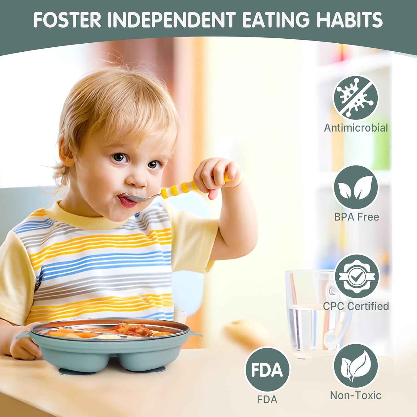 Stainless Steel Toddler Plates with Suction | Non-Slip Divided Baby Plates BPA Free & Non Toxic | Detachable Silicone Base| Dishwasher Safe | Unbreakable Kids Dinnerware 3-Pack