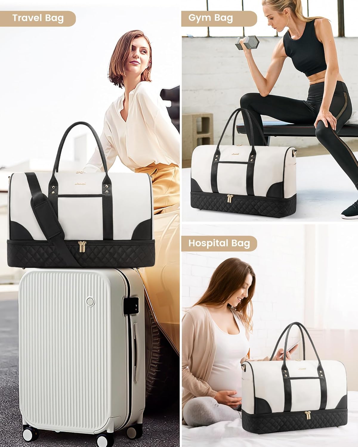 LOVEVOOK Women's 22" L x 14.5" H x 9.5" W Off White Nylon Travel Weekender Bag Set with Shoe Compartment, Wet Pocket, Trolley Sleeve & Shoulder Strap