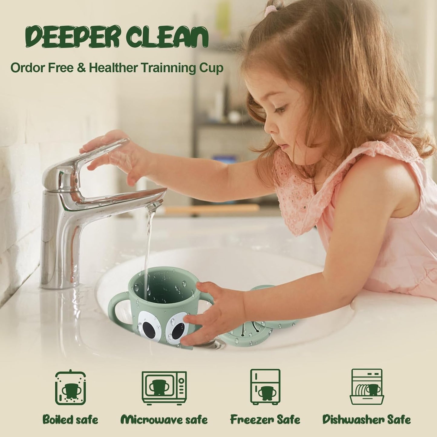 Silicone Snack Cups Food Container for Toddlers and Babies, Spill Proof Training Cup with Snack Cup Lid & Dust Proof Lid, Comes with a toy strap, Without BPA, Lead, or Phthalates (Beige & Pink)