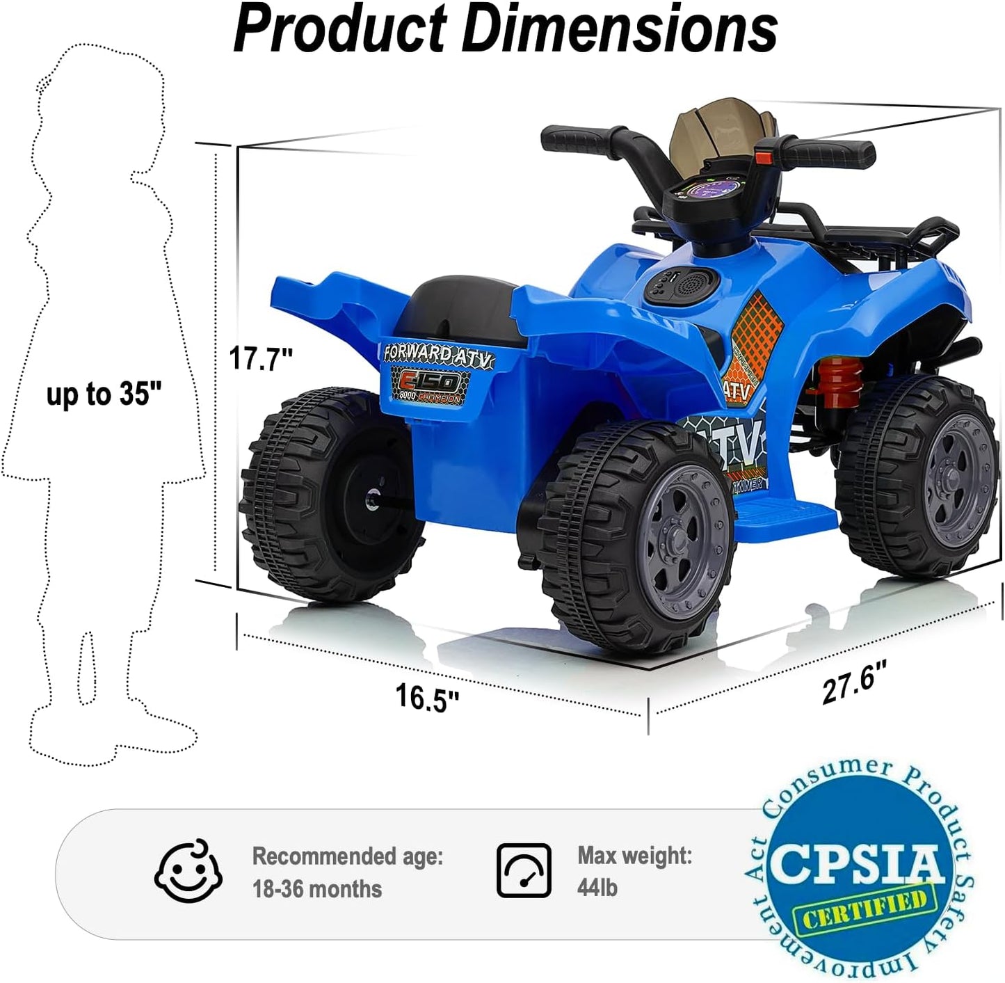 Kids ATV 4 Wheeler, 6V Ride-On Toy for Toddlers 1-3 Boys & Girls with Music, Forward & Reverse - Blue