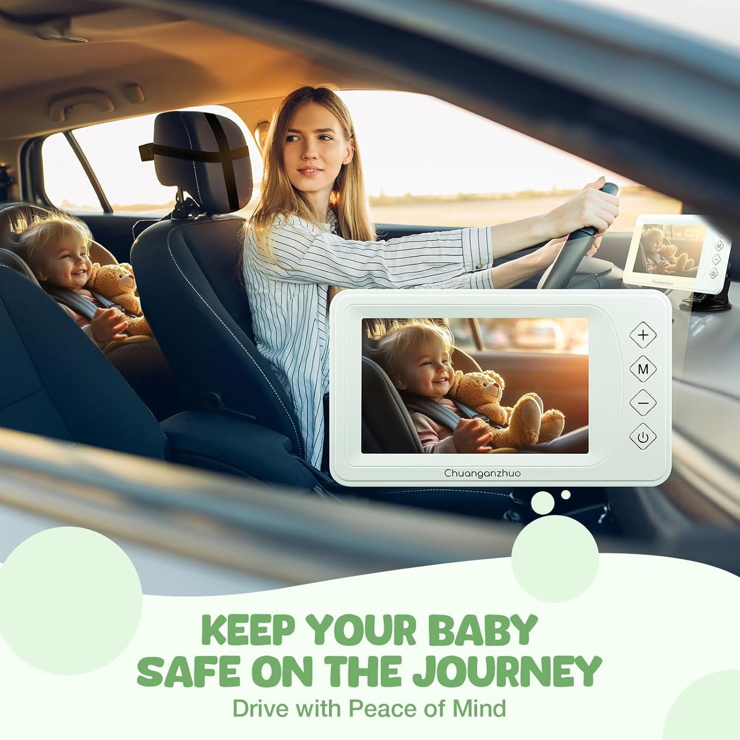 Baby Car Camera with Advanced Crystal-Clear Night Vision, 3X Zoom, USB Powered, 5'' AHD 1080P IPS Car Baby Monitor, Backseat Camera for Kids Infants Rear Facing Mirror, 5inch, Green