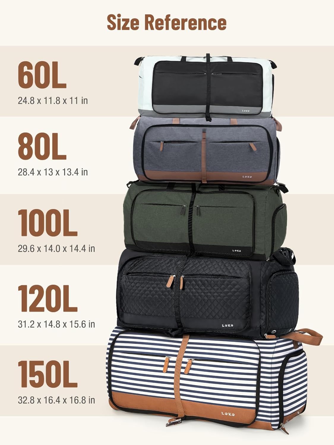 Lekesky Foldable Travel Duffle Bag for Women, Large Duffel Bag with Separate Shoes Compartments & Straps, Carry On Weekend Bag for Women, Hospital, Overnight (Grey & Brown, 60L)