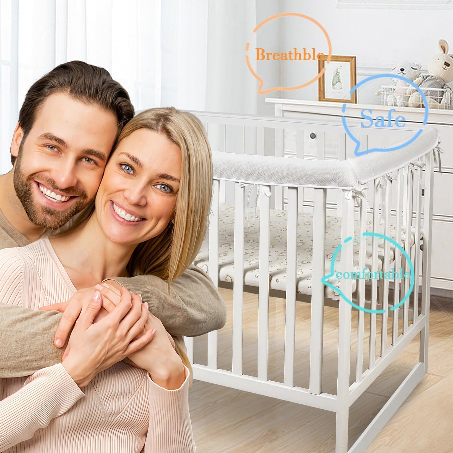 3 in 1 Crib Mesh Liner for Life Size Cribs,White Soft Anti-Collision Strip Corner Covers,Protect Baby Teeth and Save Crib Rails, Rail Edge Protector Strip (Blue)