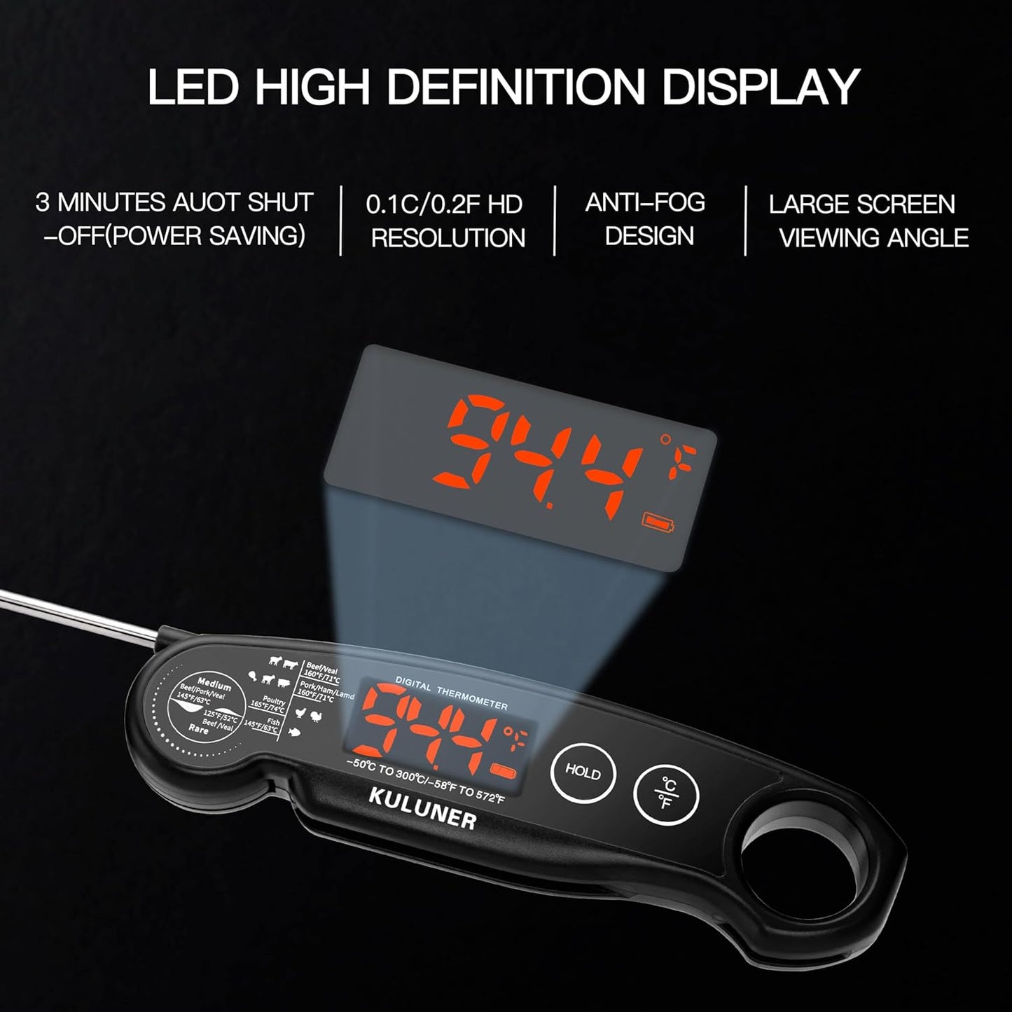 1-Second Rapid and Accurate Meat Thermometer - Waterproof Multifunctional Kitchen Food Thermometer, Ideal for Frying, Smoking, Grilling and More (Black)