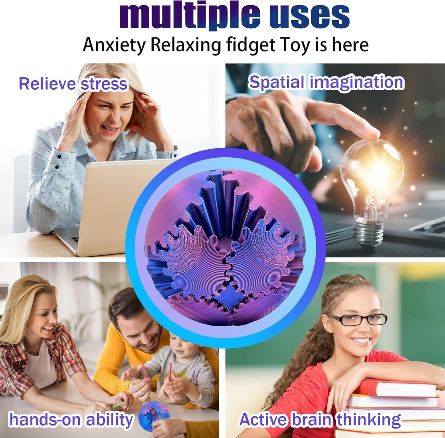 Gear Ball 3D Printed Fidget Toy, Gear Sphere Desk Toy, Stress and Anxiety Relief Ball for Adults at work/study/travel