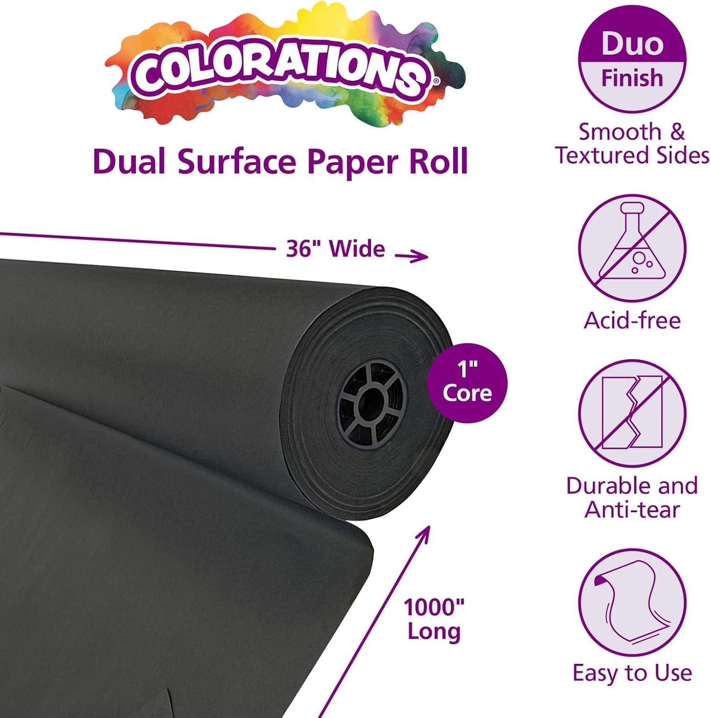 Colorations Dual Surface Paper Roll Classroom Supplies for Arts and Crafts Black (36" x 1000') (Item # DSBK)