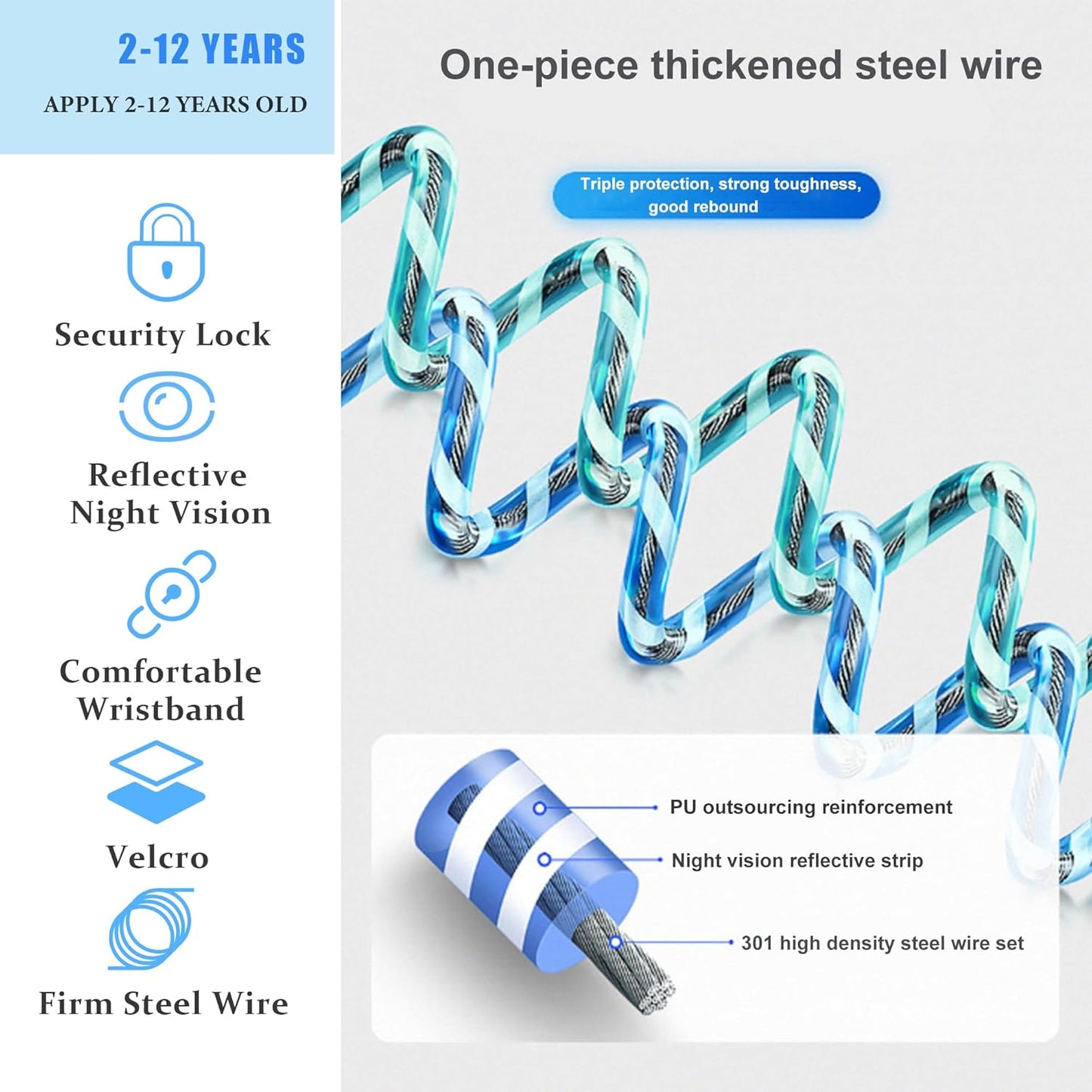 Anti-Lost Wrist Link, Blue Reflective Anti-Lost Wrist Chain with Child Lock 6.56 feet.