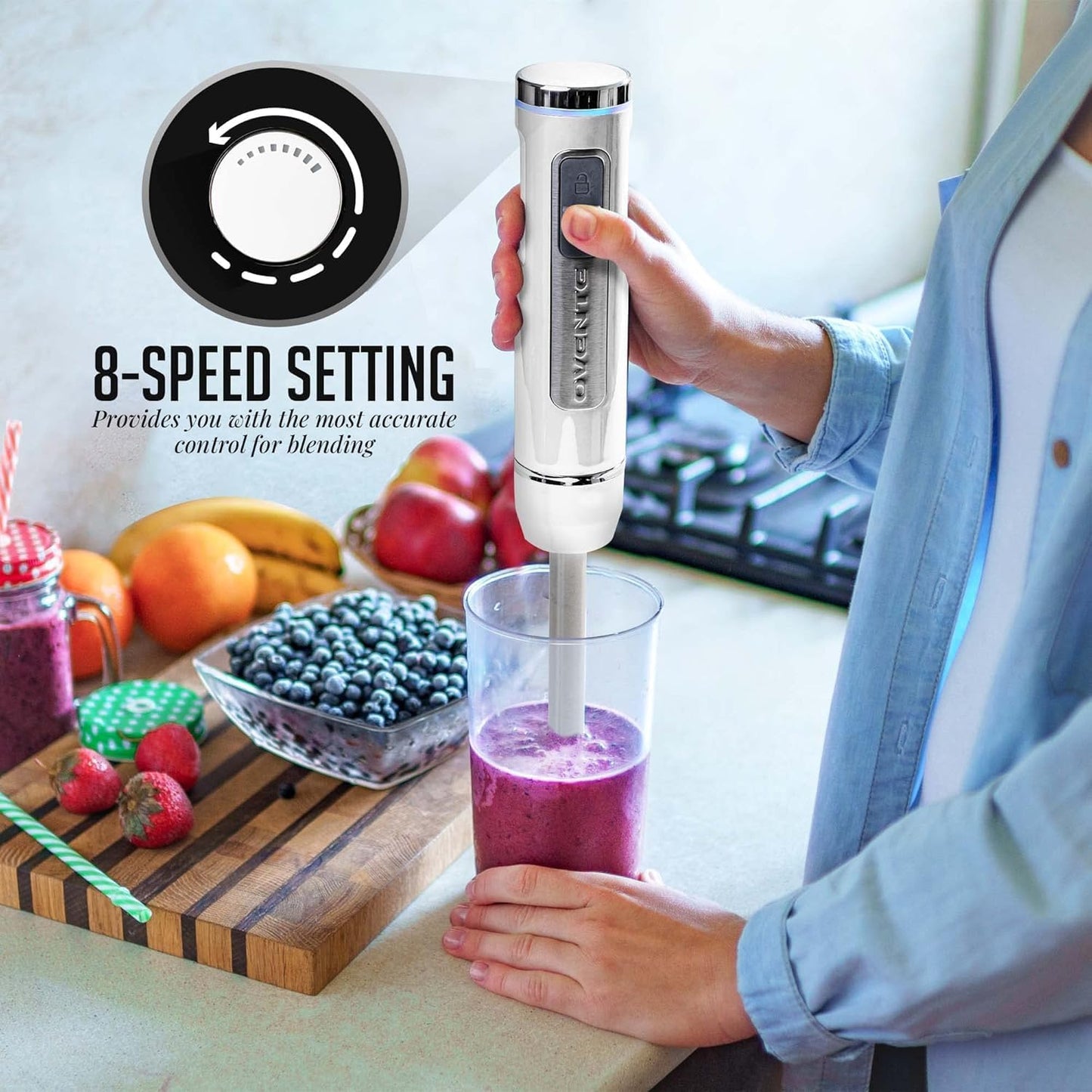 OVENTE Cordless Immersion Hand Blender, Rechargeable Handheld Portable Stick Mixer with 8 Mixing Speed Option, One-Touch Control and Stainless Steel Blades for Smoothies, Shakes or Soups, White HR781W