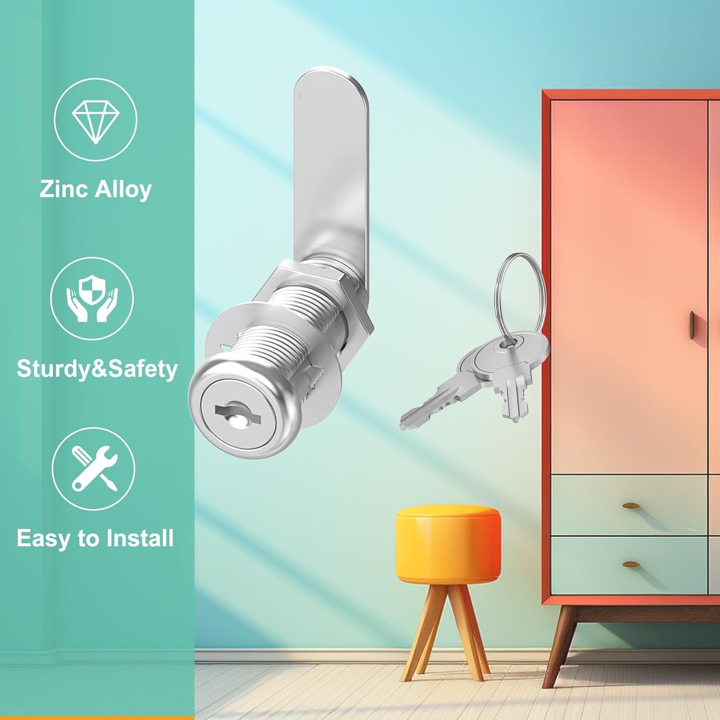 6 Pcs Cabinet Locks with Key, 1-1/2'' Cam Lock Keyed Alike Fit 1-3/8'' Max Panel, Mailbox Lock with Keys Secure Drawer RV Storage Locks, Zinc Alloy