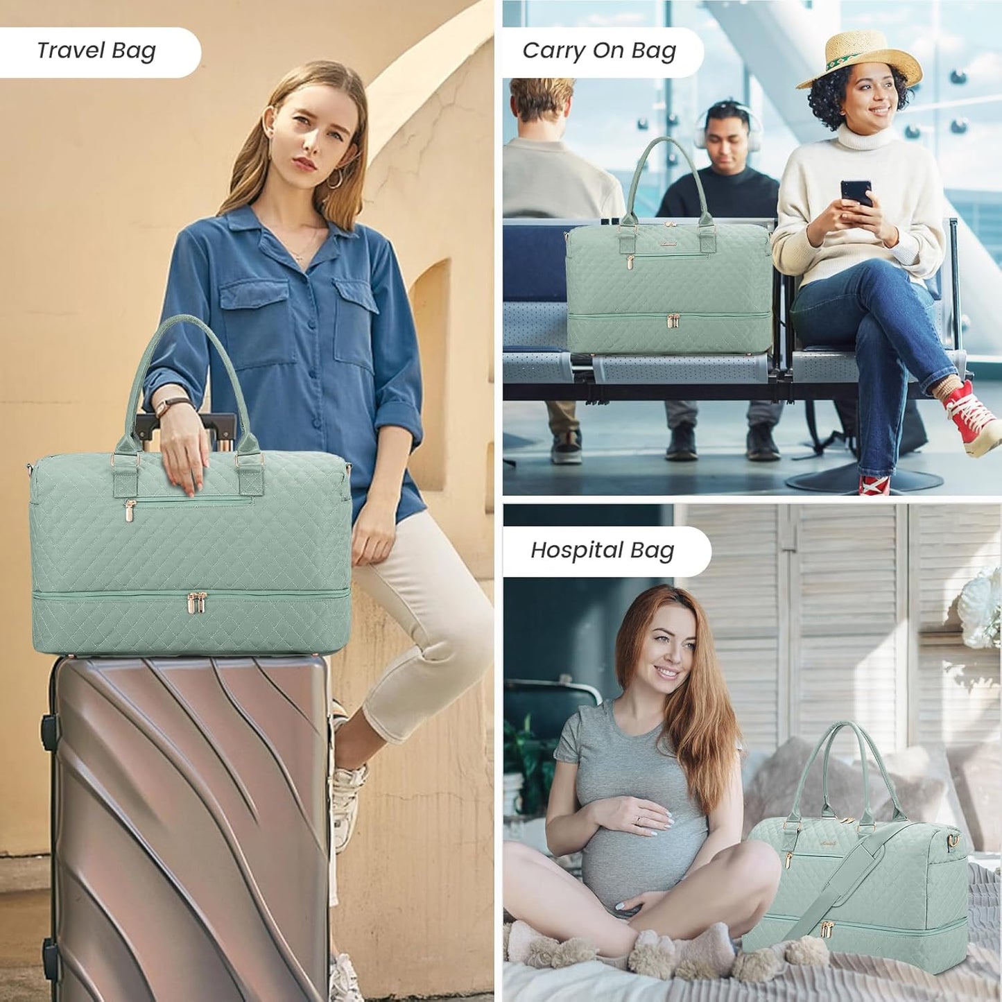 LOVEVOOK Travel Duffle Bag for Women, Weekender Overnight Bag with Shoe Compartment, Carry on Bag with Toiletry Bag, Gym Duffel Bag with Wet Pocket, Hospital Bags for Labor and Delivery 3 Pcs Set