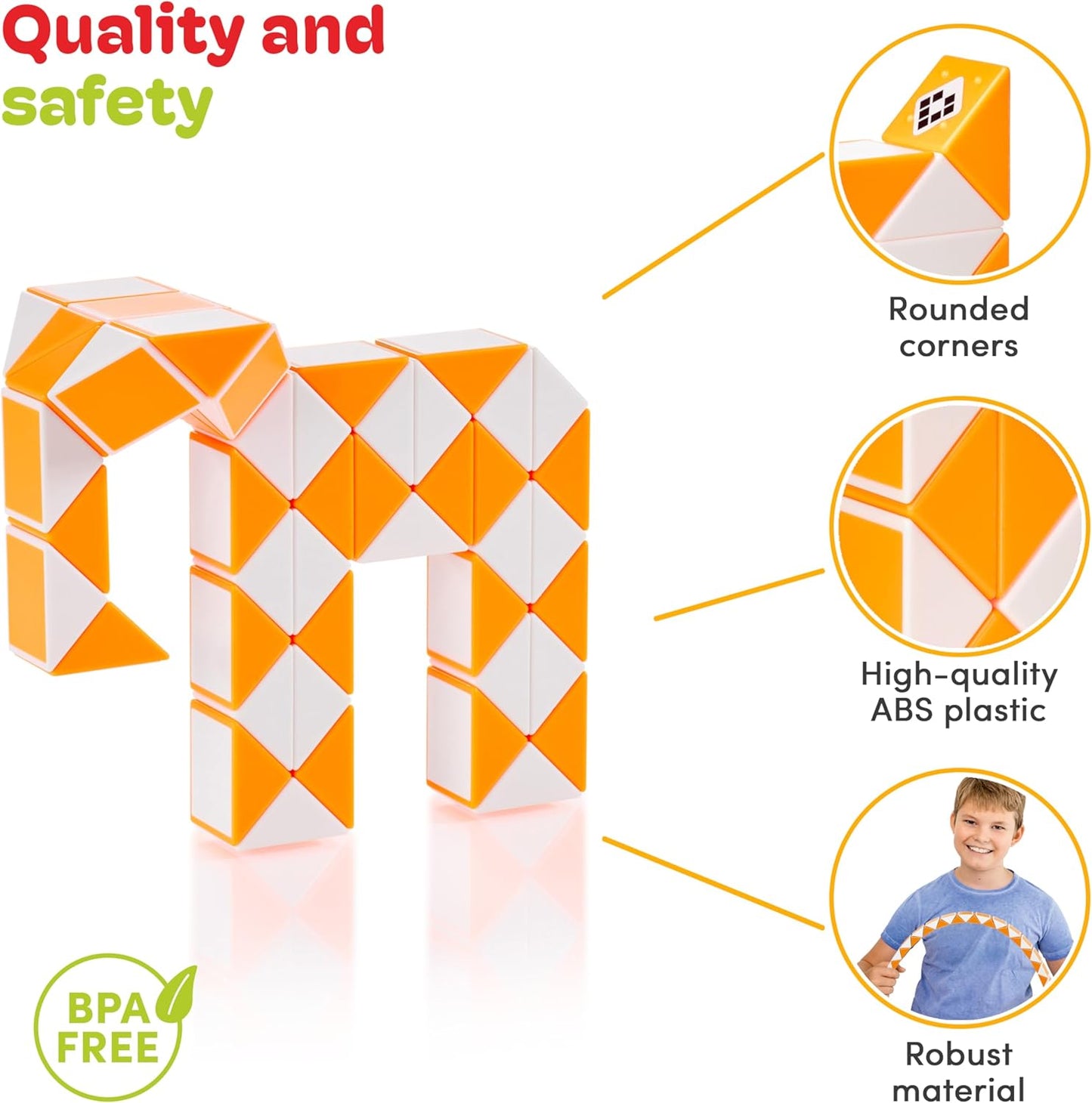 CUBIDI® Magic Snake Cube | Fidget Snake Toy for Kids | Travel Toys for Kids Ages 4-8 | Great Gift for Boys and Girls Birthday, Christmas, Stocking Stuffers - 48 Blocks | 0.9 inch x 0.7 inch | Orange