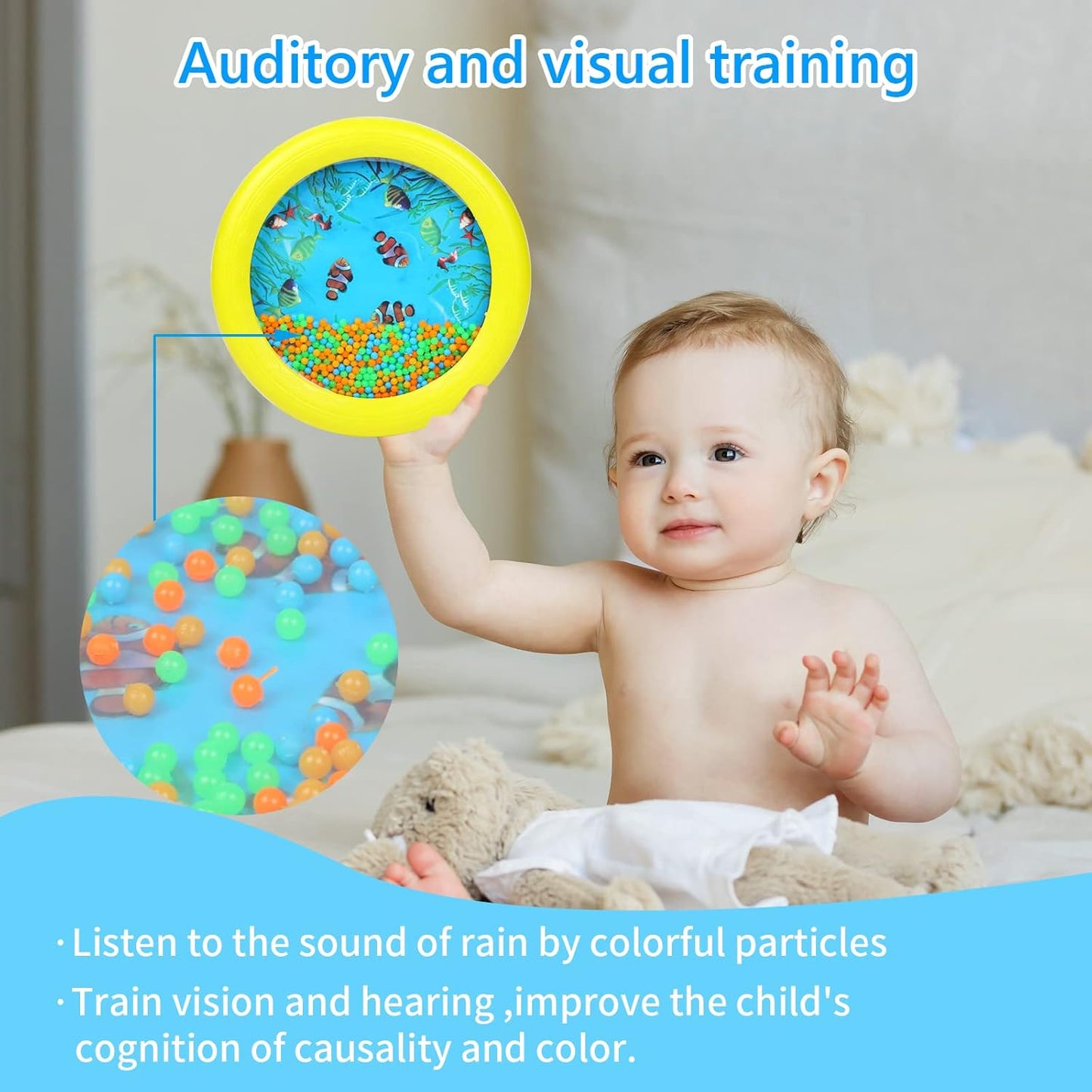 Musfunny Ocean Drum Wave Bead Drums Gentle Sea Sound Music Gift Musical Educational Sea Sound Drum Tool for Kid Child Baby (Yellow)