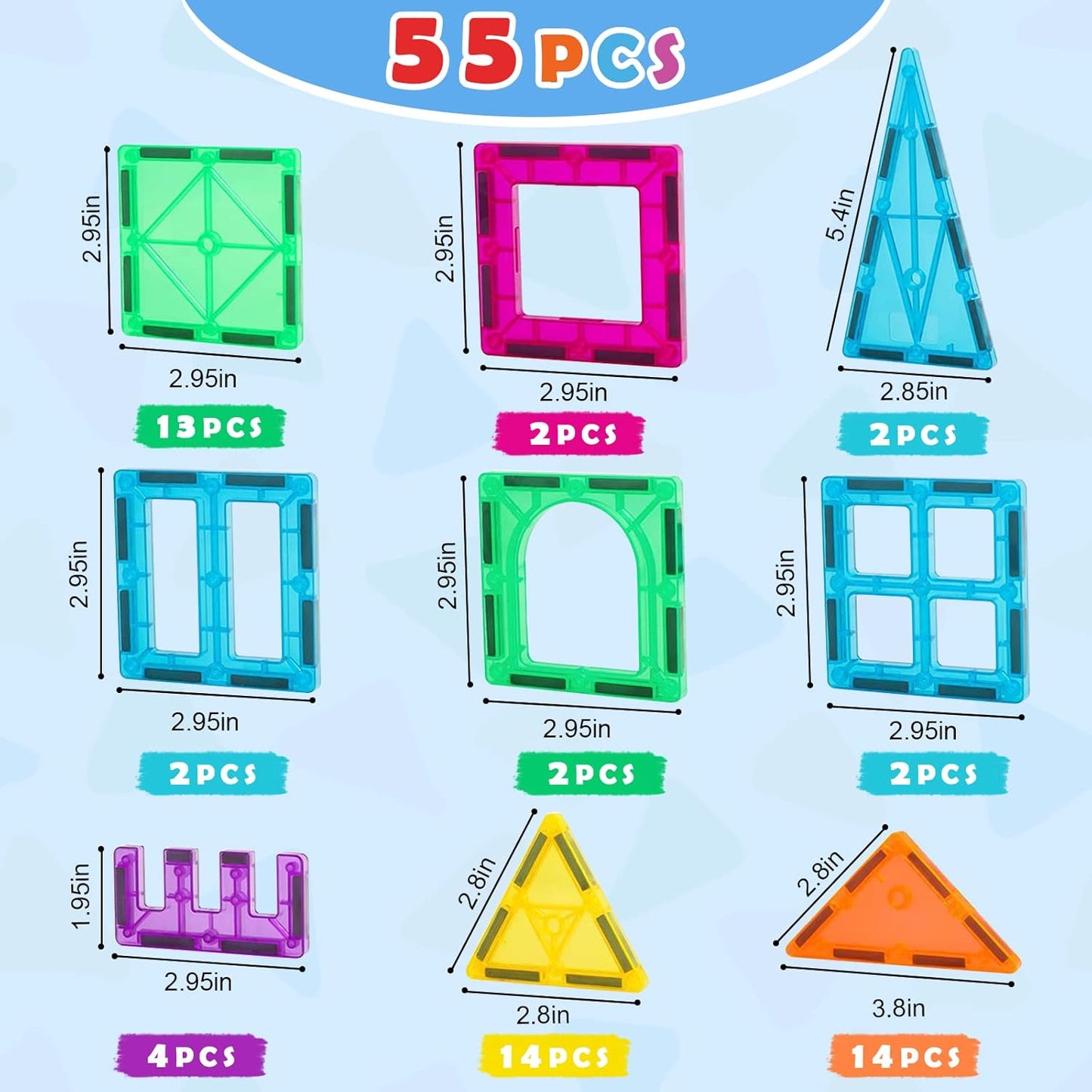 Gemmicc Magnetic Tiles, Magnet Toys Building Blocks for Kids, STEM Approved Educational Toys, Magnet Puzzles Stacking Blocks for Boys Girls,55 PCS Starter Set