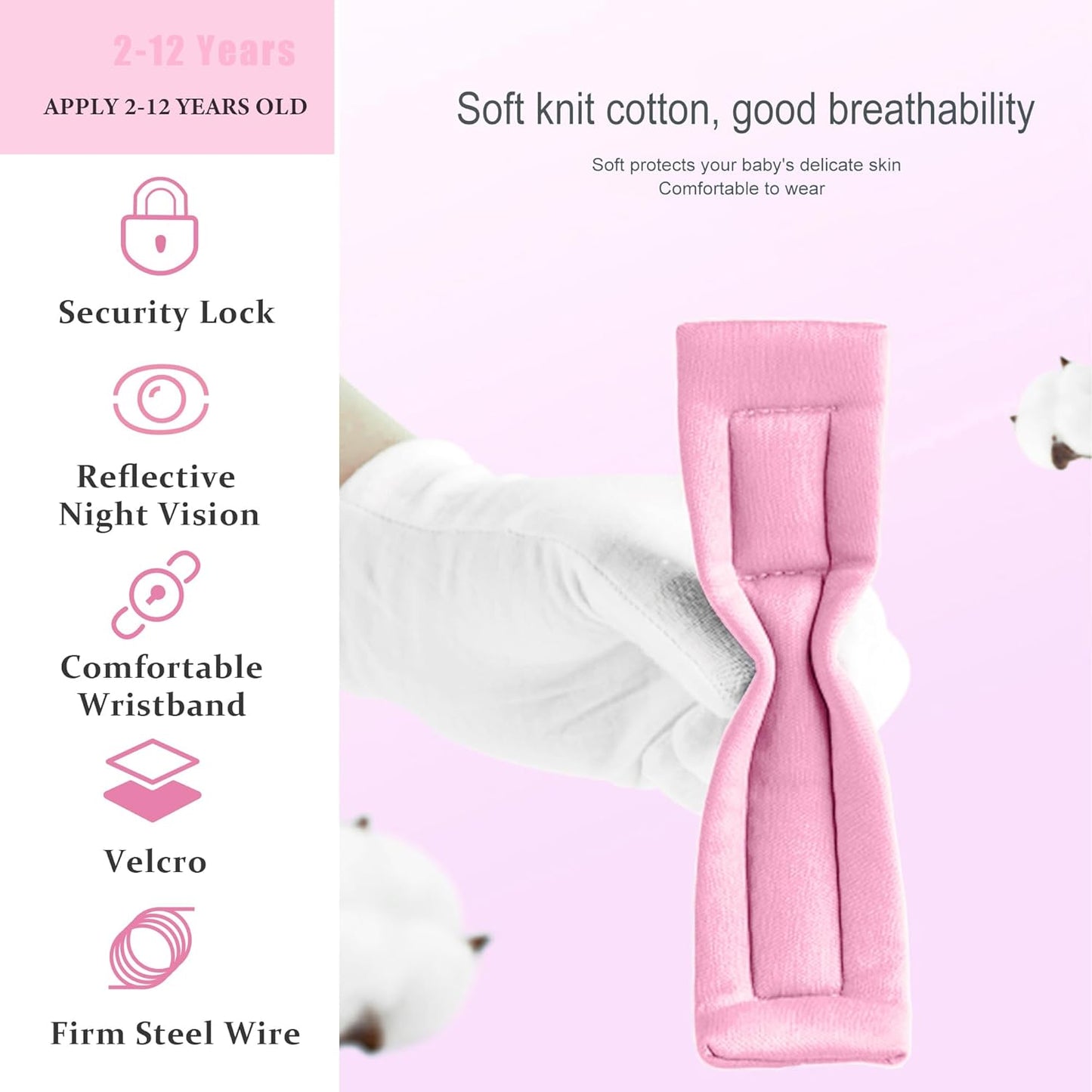 Toddler Harness Walking Leash- Child Anti Lost Wrist Link - Child Safety Harness - Upgrade with Reflective(6.5ft) - for Boys and Girls,Not Easy to Open Without Key (Light Pink)