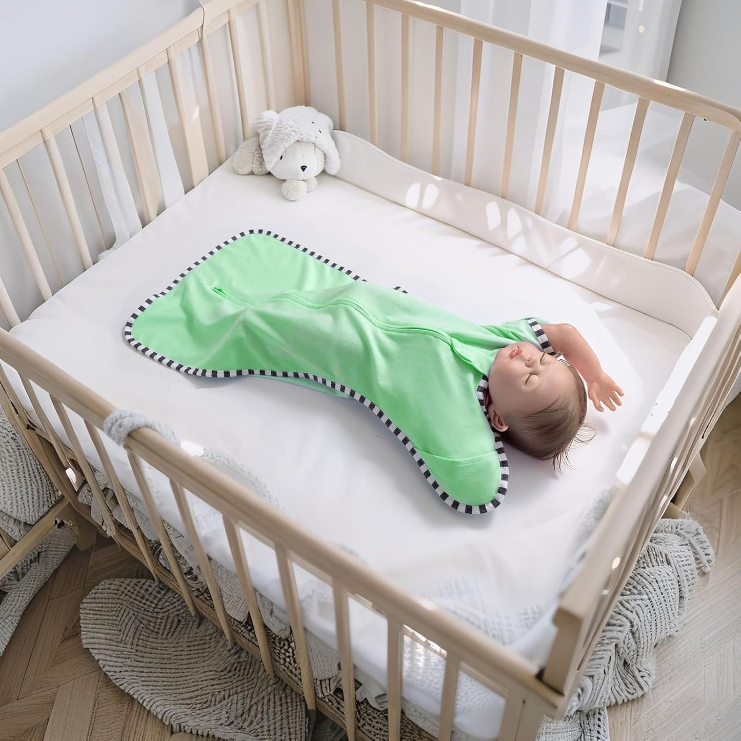 Transition Swaddle, 2 Pack 100% Cotton Baby Sleep Sack, 2-Way Zipper Infant Arm Up Swaddle for Newborn Baby Boys Girls (Green + Grey, L(6-9 Months))