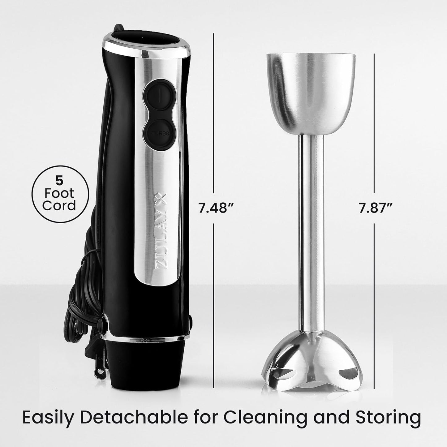 Zulay Immersion Stick Mixer Hand Blender - 800 Watts, Turbo Mode, 5-ft Power Electric Cord, Handheld Portable, Stainless Steel Blades - For Effortless Blending Smoothie, Soup, Baby Food, Puree - Black