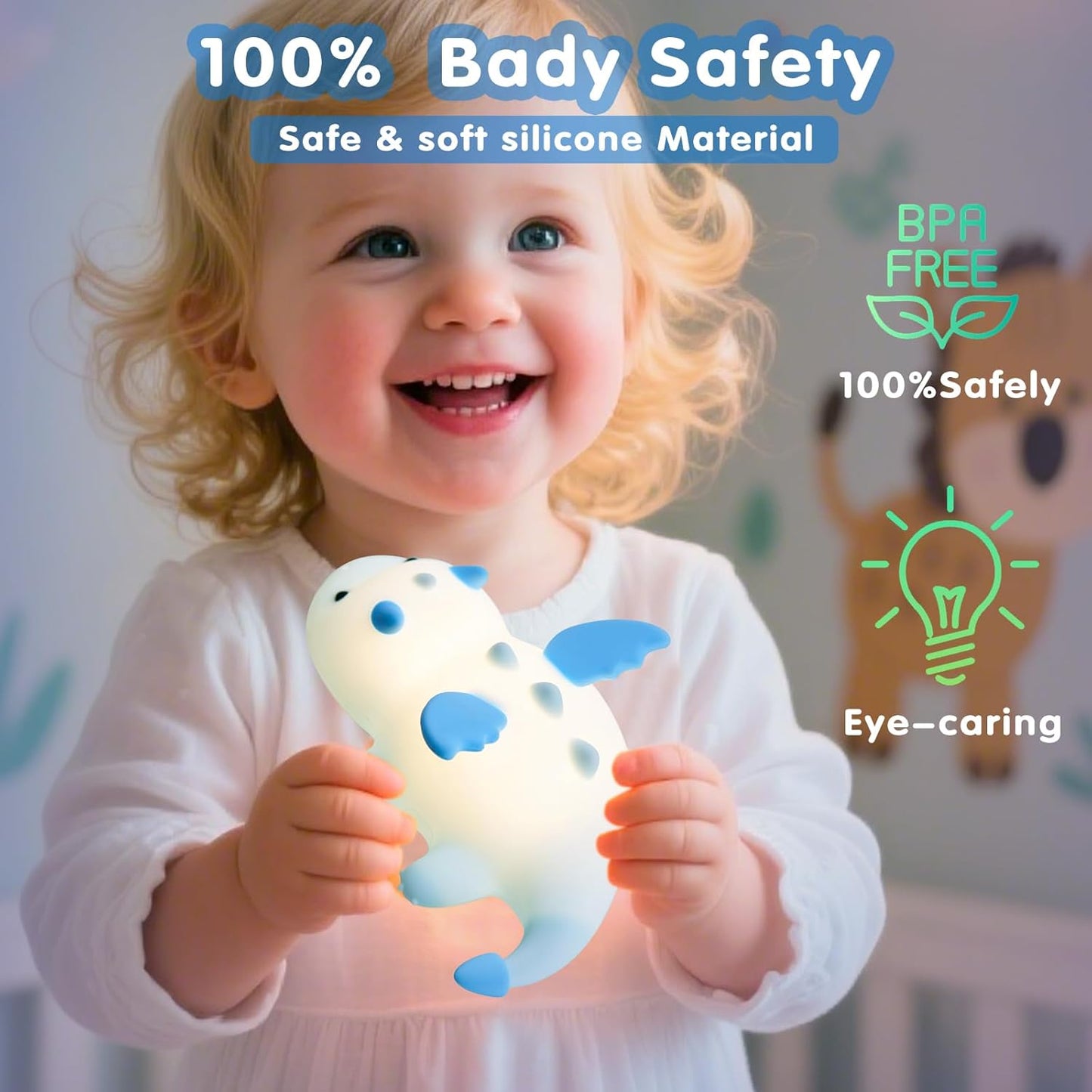 Cute Baby Dragon Kids Night Light for Kids,Cute Soft Silicone Lamp 3 Level Dimmable Changing Rechargeable Breastfeeding Nursery Portable Kawaii Lamps,Bedside Lamp for Baby and Toddler,Boy Girls(Blue)