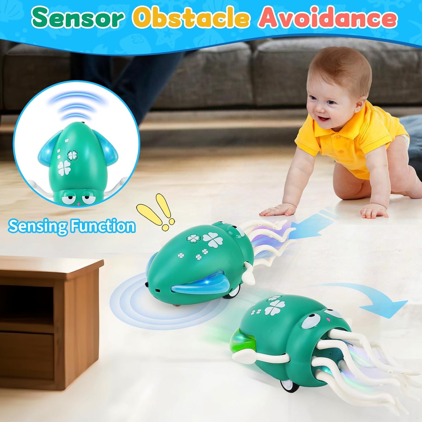 USB Rechargeable Dancing Octopus Baby Toy - Electric Crawling & Tummy Time Toy, Magical Musical Squid, Stress-Relief Desk Decor - Birthday for Kids Ages 1 2 3 4 5 6, Boys (Green)