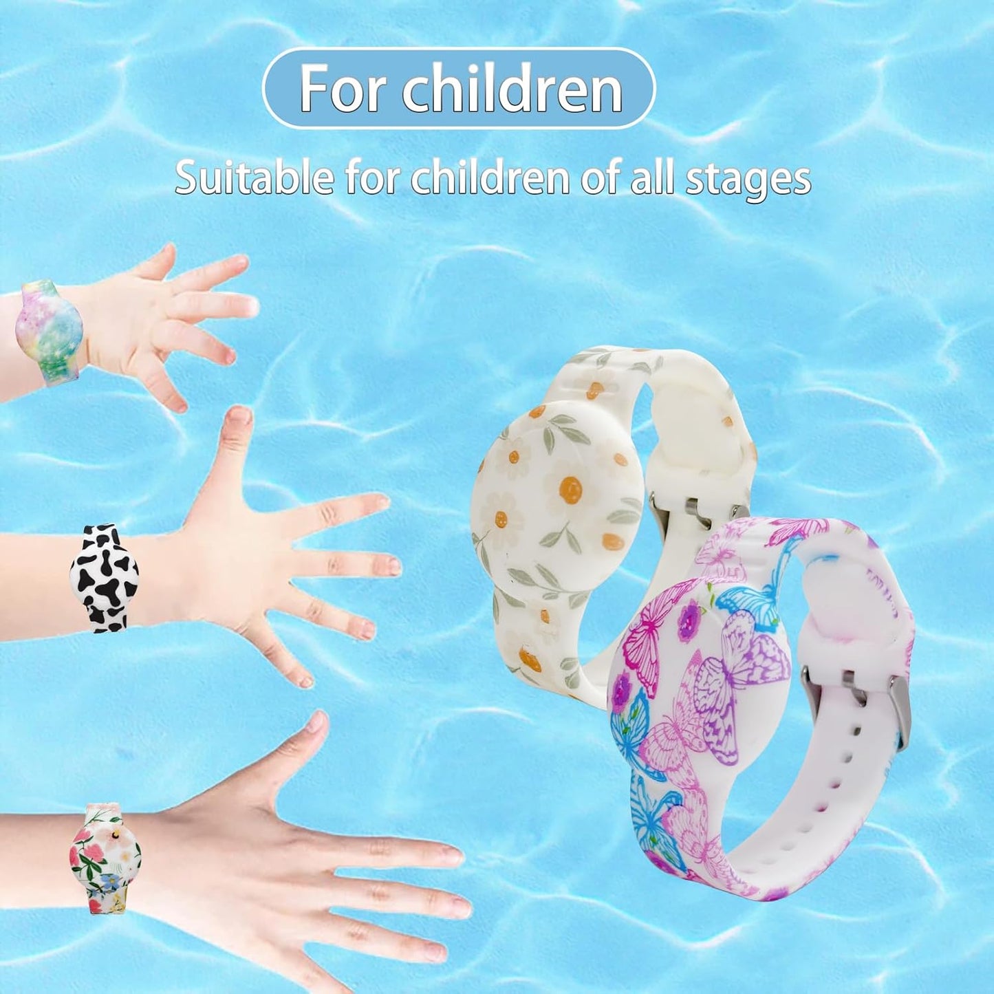 Waterproof AirTag Bracelet for Kids, Soft Silicone Air Tag Hidden Holder Case Compatible with Apple Airtag, Adjustable Anti-Lost Printed Strap GPS Traker for Toddler Child(2 Pack, Butterfly & Flower)