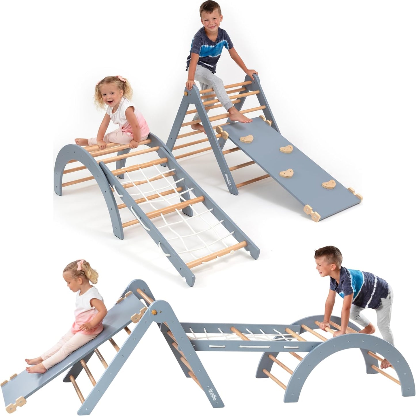 6-in-1 Pikler Triangle Climbing Set - Climbing Toys for Toddlers - Montessori Climbing Set - Indoor Wooden Play Gym for 2-6-Year-Olds - Light Gray