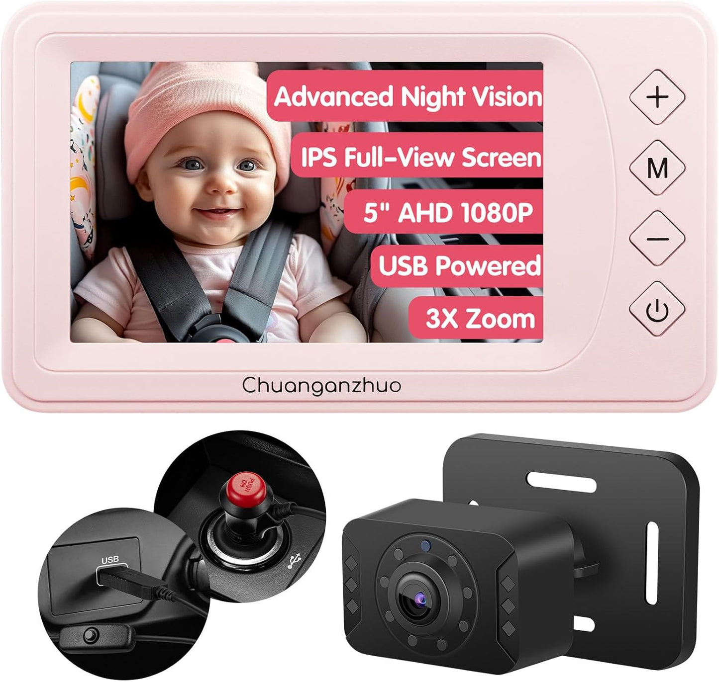 Baby Car Camera with Advanced Crystal-Clear Night Vision, 3X Zoom, USB Powered, 5'' AHD 1080P IPS Car Baby Monitor, Backseat Camera for Kids Infants Rear Facing Mirror, 5inch, Pink