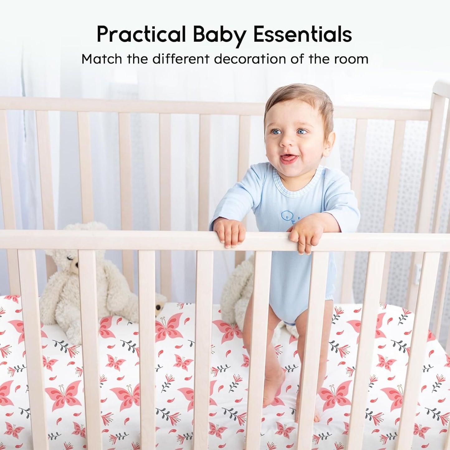 Yoofoss Baby Crib Sheets for Boys Girls, Fitted Crib Sheet 2 Pack for Standard Crib and Toddler Mattress, Super Soft Microfiber Baby Sheet 28x52x8in Pink + Butterflies