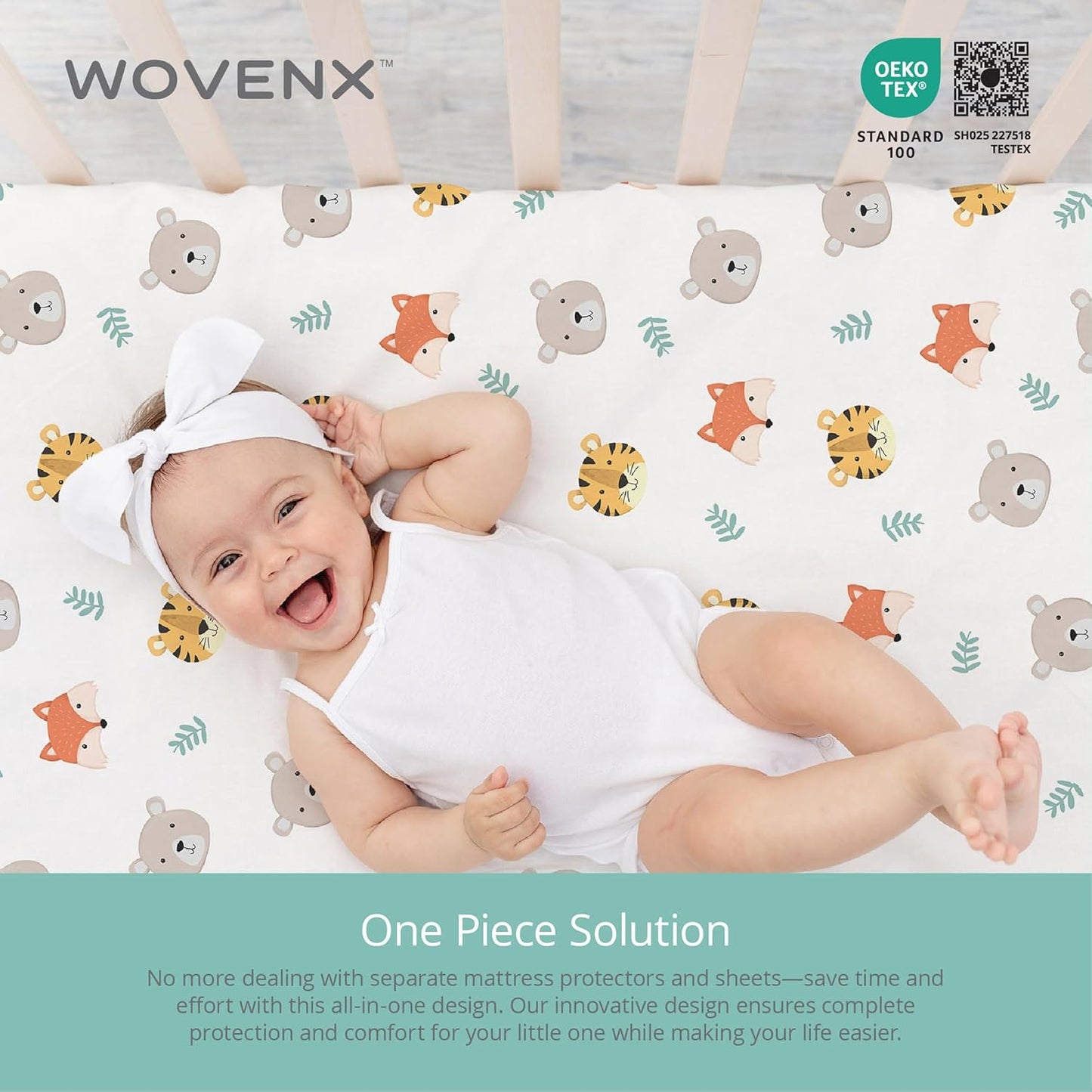 Organic All in One Crib Sheet and Mattress Protector - Waterproof Protectors - Reusable Washable – Fits Cribs – 52”x28”- with 9” Skirt Tiger Bear Fox