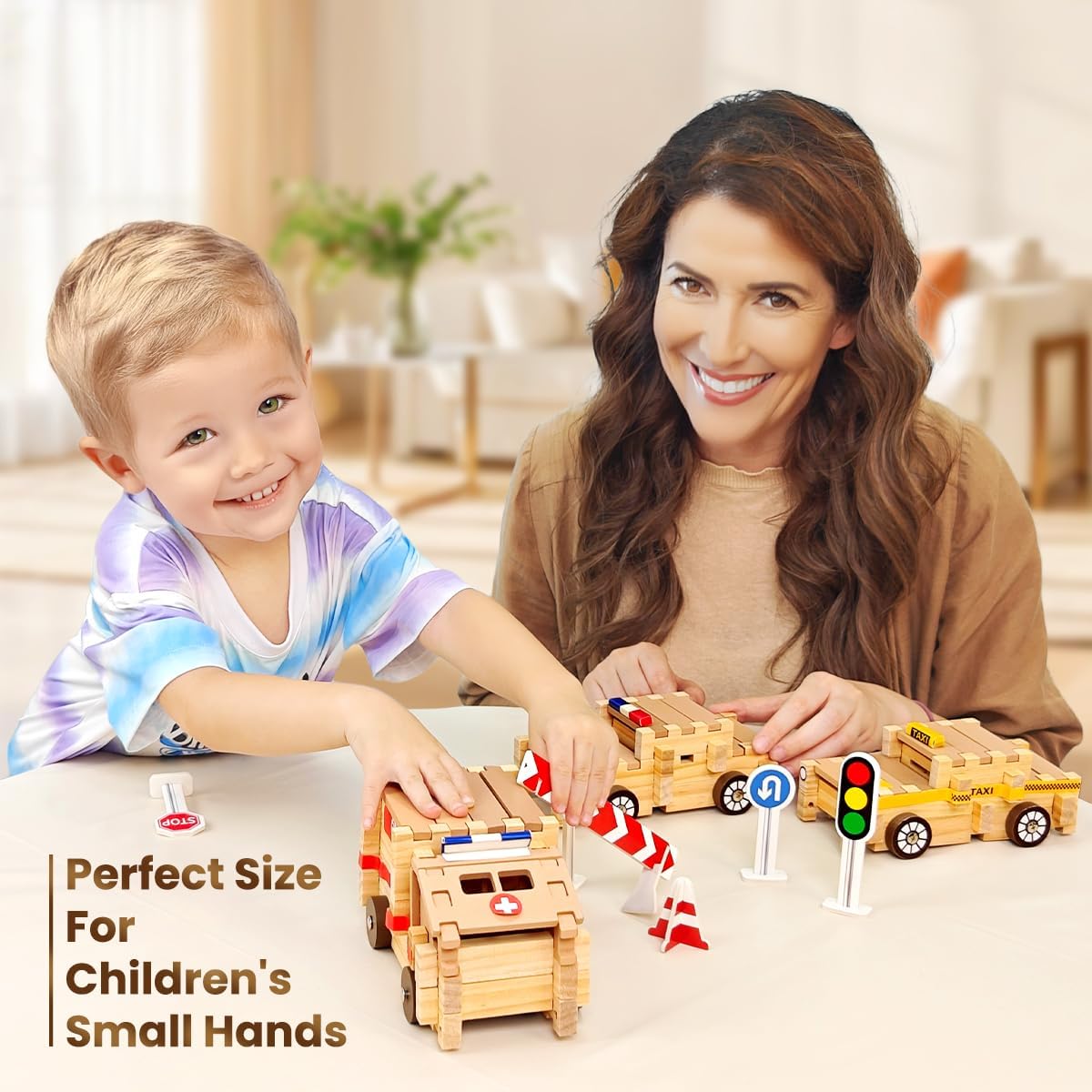 Jovi-mindly&Notchies Wooden Blocks Train Set 101 PCS Create 40+ Shapes,Toys Educational Wooden Building Blocks Puzzles for Kids Ages 5-8 Boys and Girls,Truck/Excavator,FSC Certified,Graduate Gifts