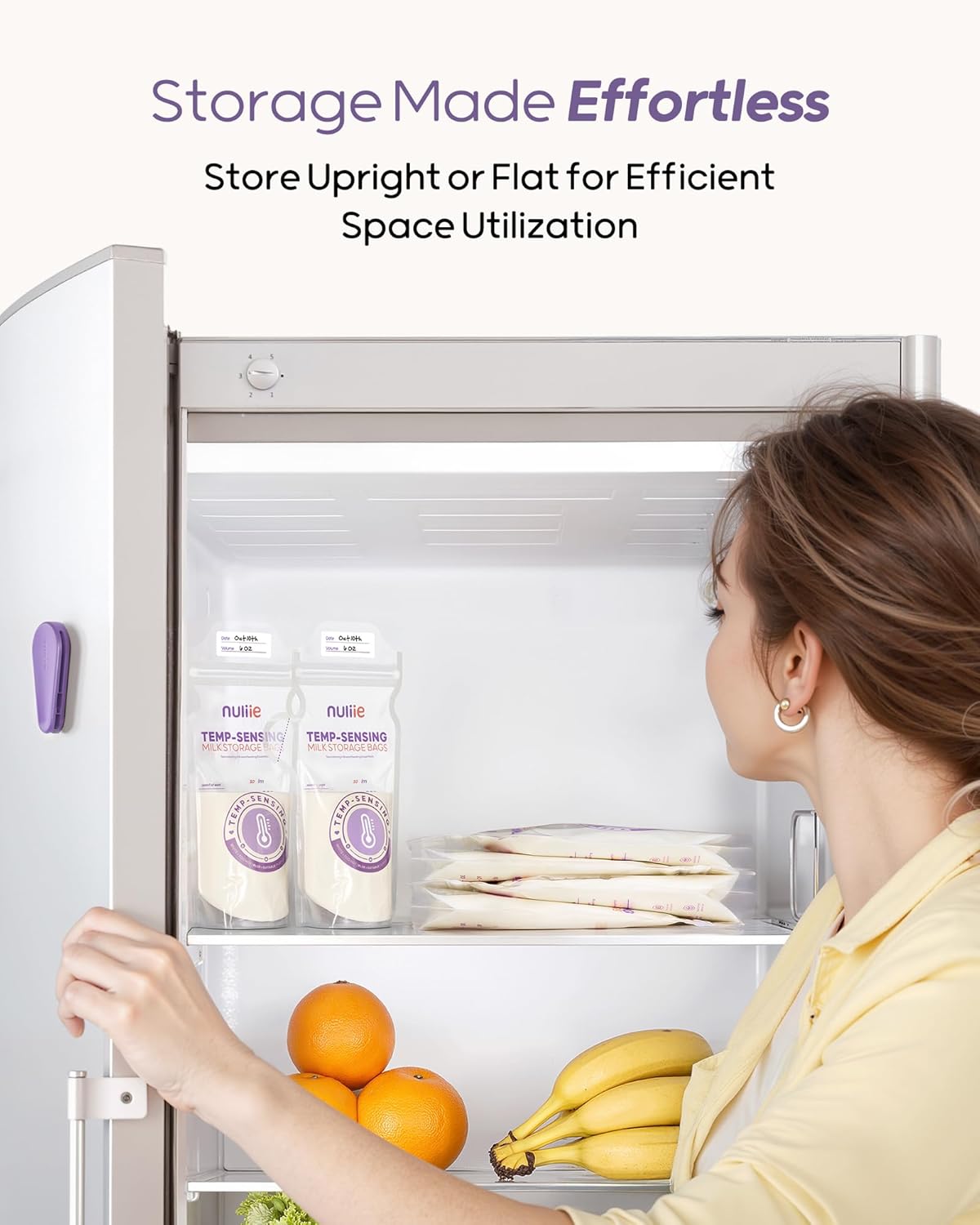 Nuliie 60pcs Temp-Sensing Breastmilk Storage Bag, Huge Temp-Sensing Icon & Locking Clamp, 6oz Breast Milk Storage Bags Freezer Pour Spout, Self Standing Milk Storage Bags Breastmilk, BPA-Free No-Leak