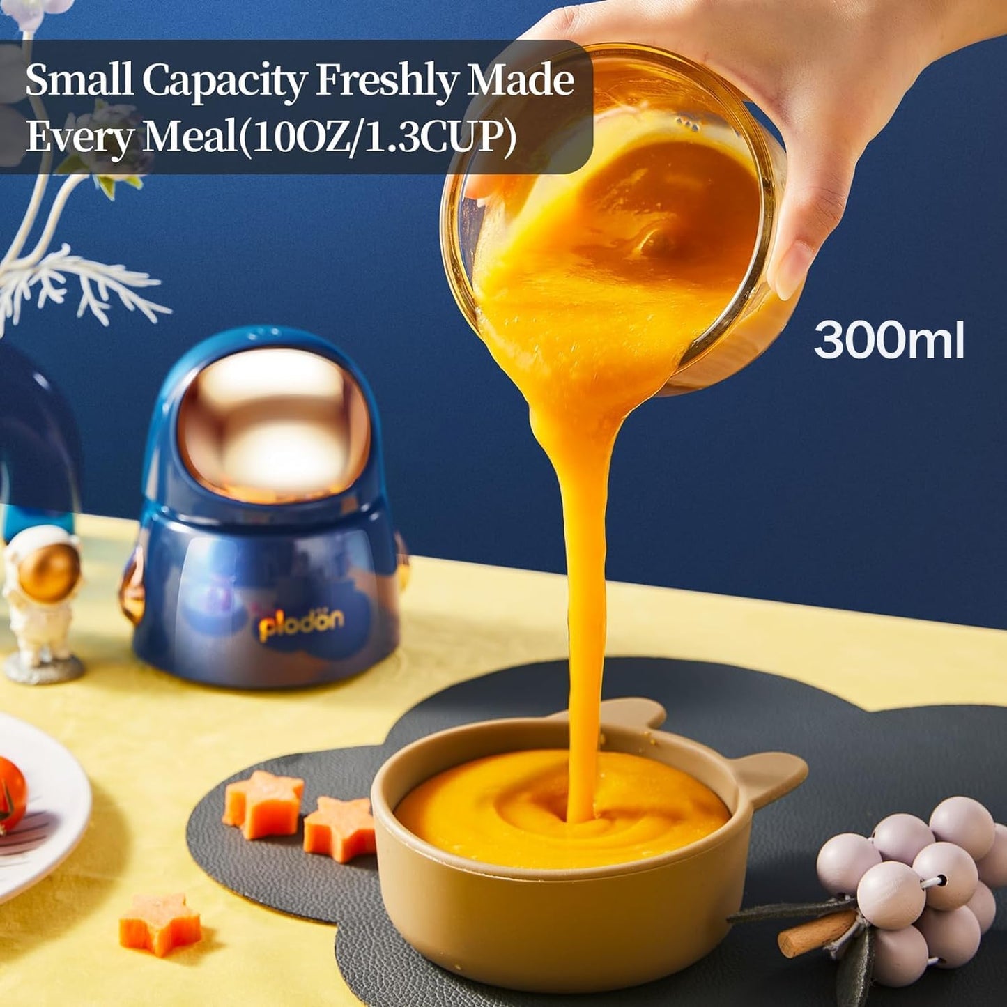 Baby Food Maker Mini Cute and Small Food Processor Puree Blender Grinder Chopper 300ml Cup Glass Bowl with 8 Blade Electric (Spaceman-Blue)