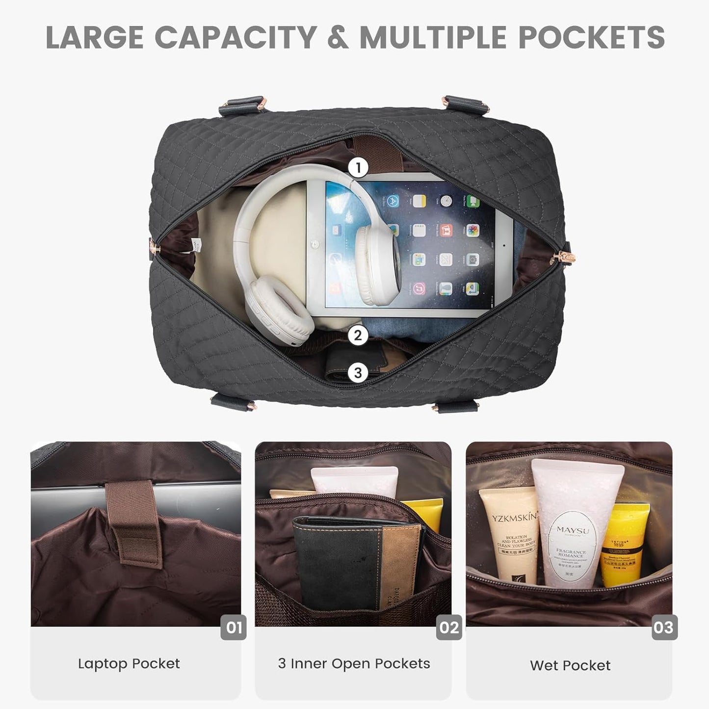 LOVEVOOK Travel Weekender Bag for Women, Carry on Overnight with Shoe Compartment, Travel Duffle Women, Yoga Gym Duffel with Wet Pocket, Hospital Bags for Labor and Delivery, 3 Pcs Set