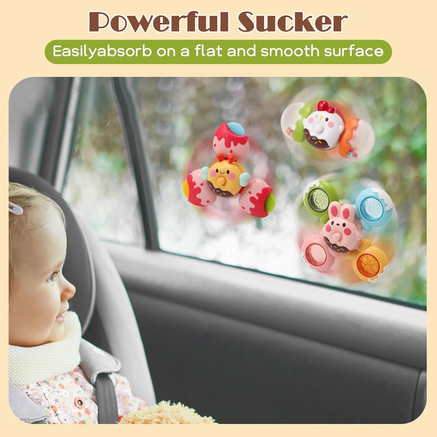 3PCs Suction Cup Spinner Toys for Babies, Montessori Sensory Toys for 12+ Months Baby Boys Girls, Bath/Airplane/Car/Travel Activities Fidget Toys for Toddlers, First Birthday Gifts for Newborn