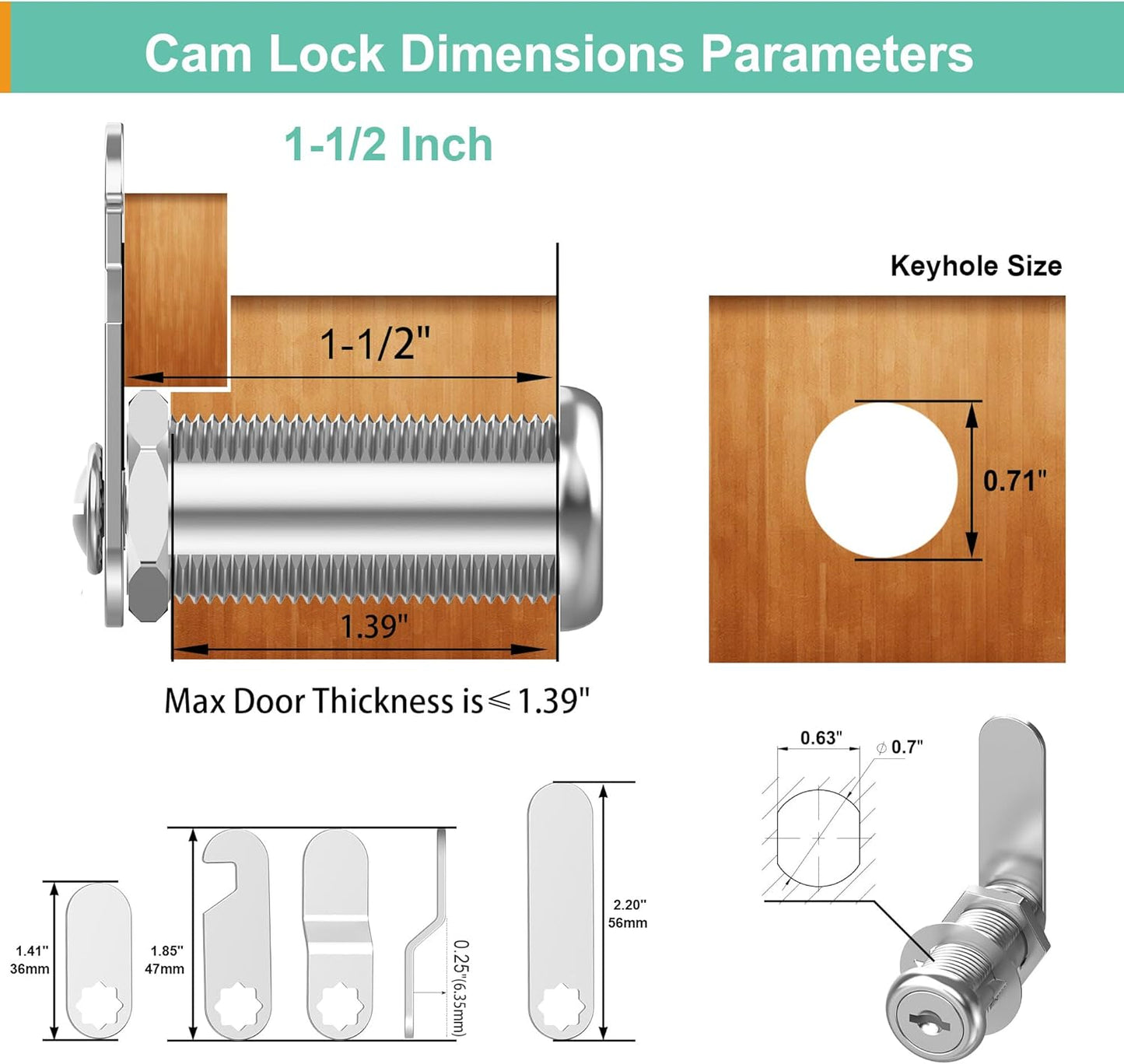 3 Pcs Cabinet Locks with Keys, 1-1/2'' Cam Lock Keyed Alike Fit 1-3/8'' Max Panel, Drawer Locks with Keys Secure Desk Drawer Toolbox Mailbox RV Storage Door, Zinc Alloy