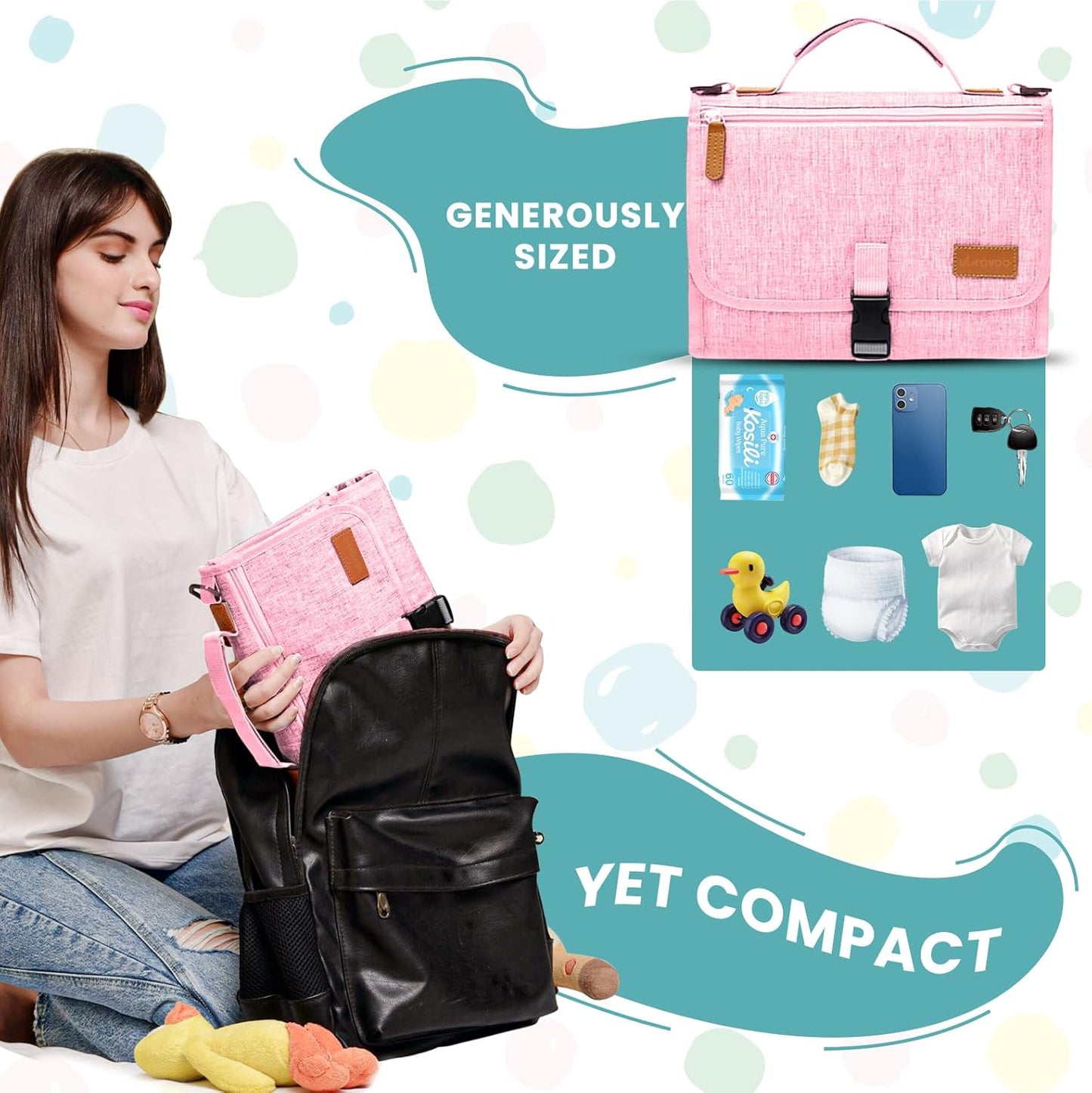 Portable Diaper Changing Pad - Baby Diaper Changer Travel Bag with Wipes Pocket, Smart Design Portable Changing Mat, Infant Travel Station Kit, Gift for Newborn Girl & Boy (Pink)