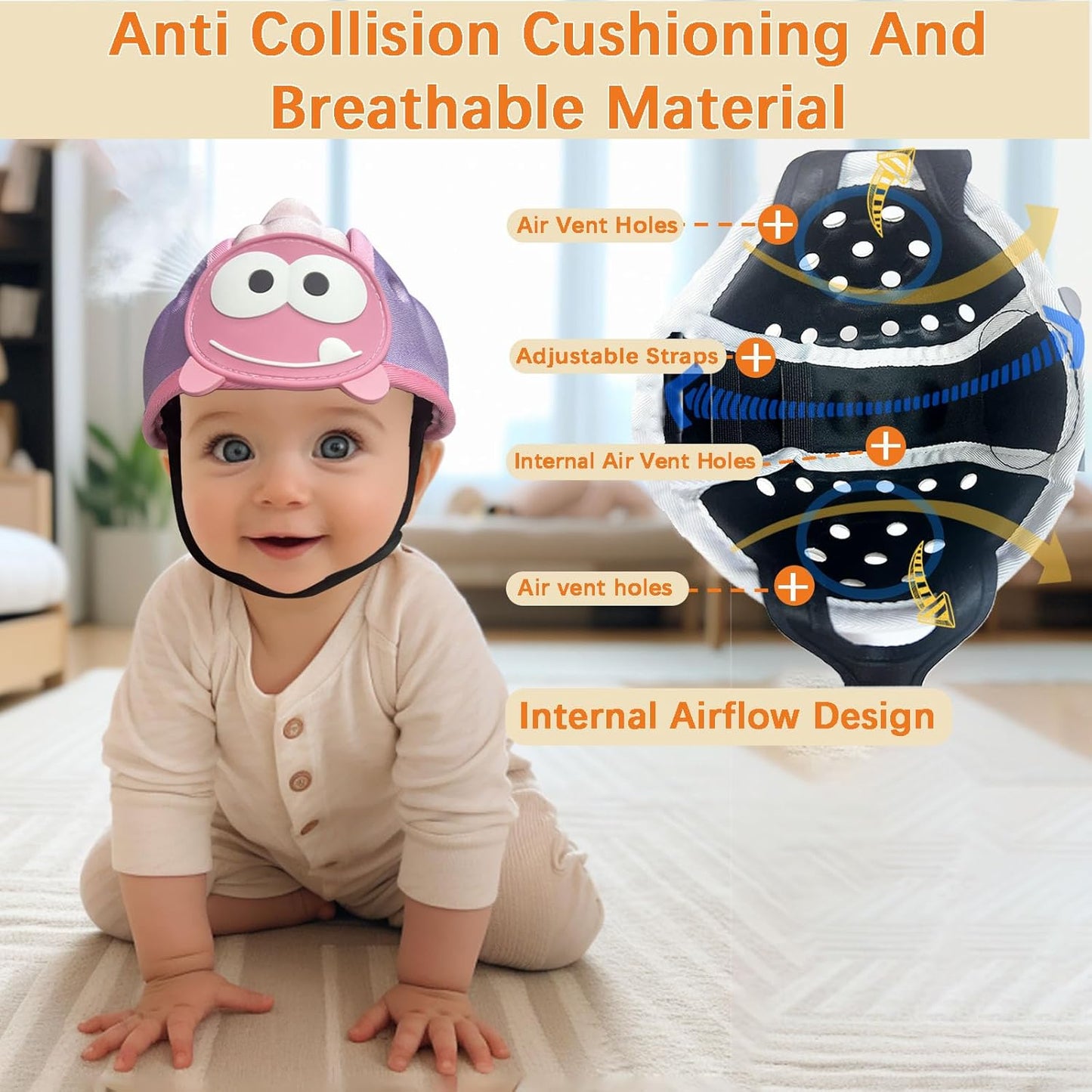 Baby Helmet for Crawing Walking,Soft Infant Safety Helmet,Baby Helmet 1-2 Years for Anti-Fall Head Protector,Adjustable, Breathable