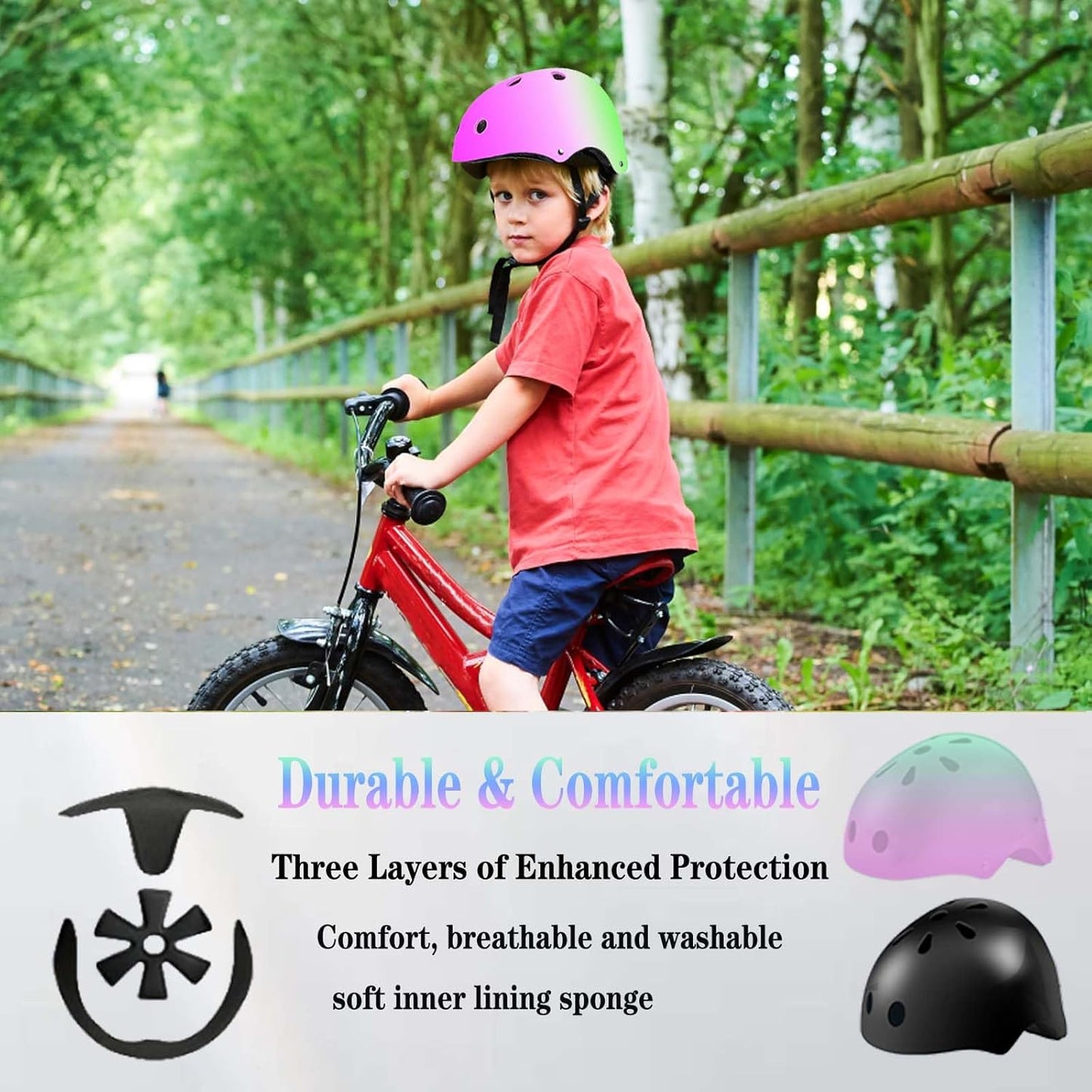 Kids Bike Helmet Set Adjustable for Children, Boys, Girls and Teenagers Aged 3-8 Years Includes Elbow, Knee, Wrist Guards Children's Helmet Protection Set for Bikes SkateboardsRollerskates