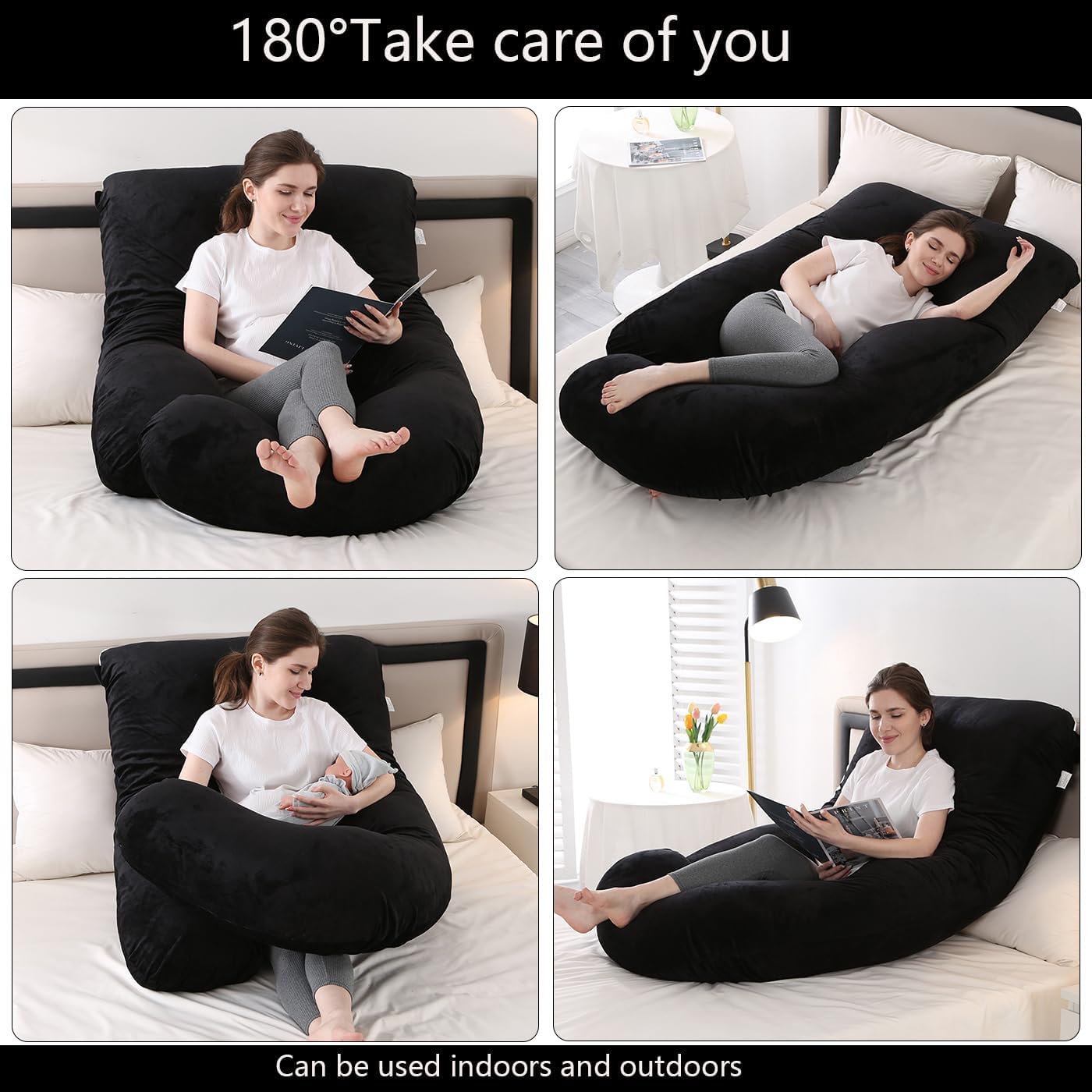 Pregnancy Pillow J-Shaped Full Body Pillow, 59 inch with Velvet Cover Easy to Remove and Wash, Support Pregnant Women's Backs Legs and HIPS, Improve Sleep,Pregnancy Pillow for Women Black