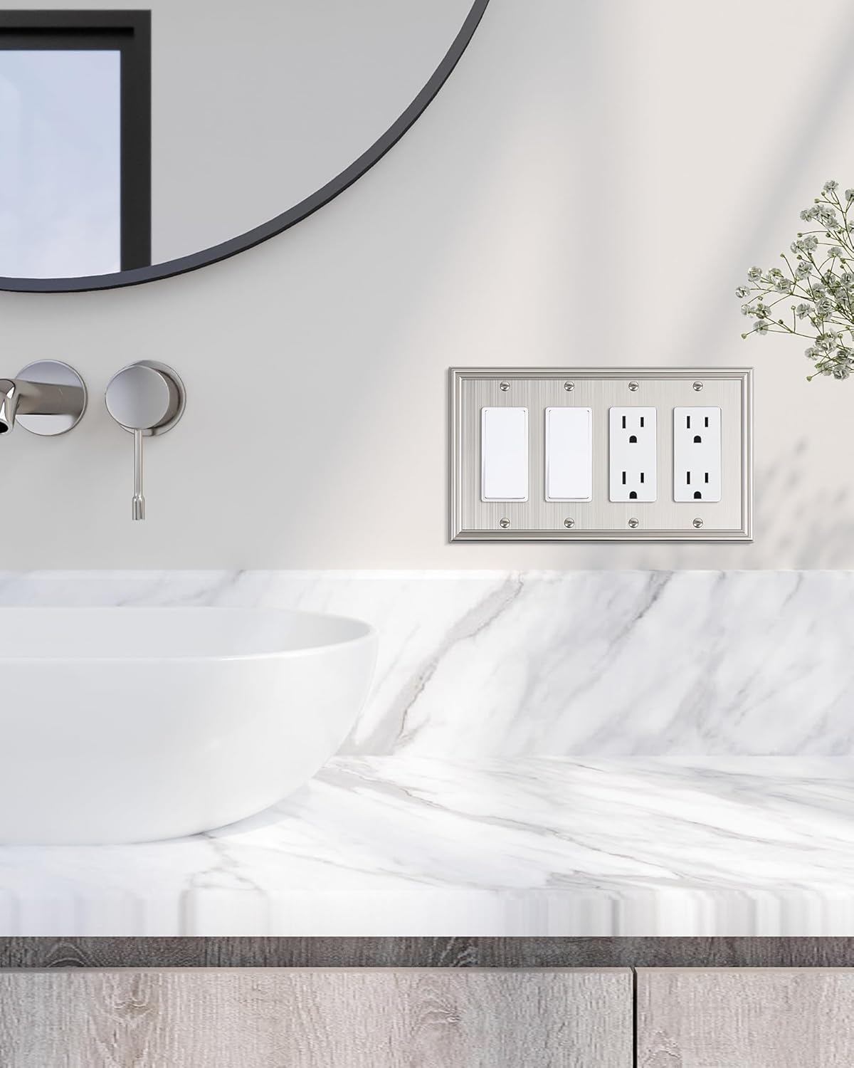 2-Pack Quad Decorator Outlet Cover Plate, Zinc Alloy Brushed Nickel Switch Plates and Outlet Covers, 4 Gang Wall Plates for Electrical Outlets, Receptacle, GFCI Outlet, Dimmer Switch