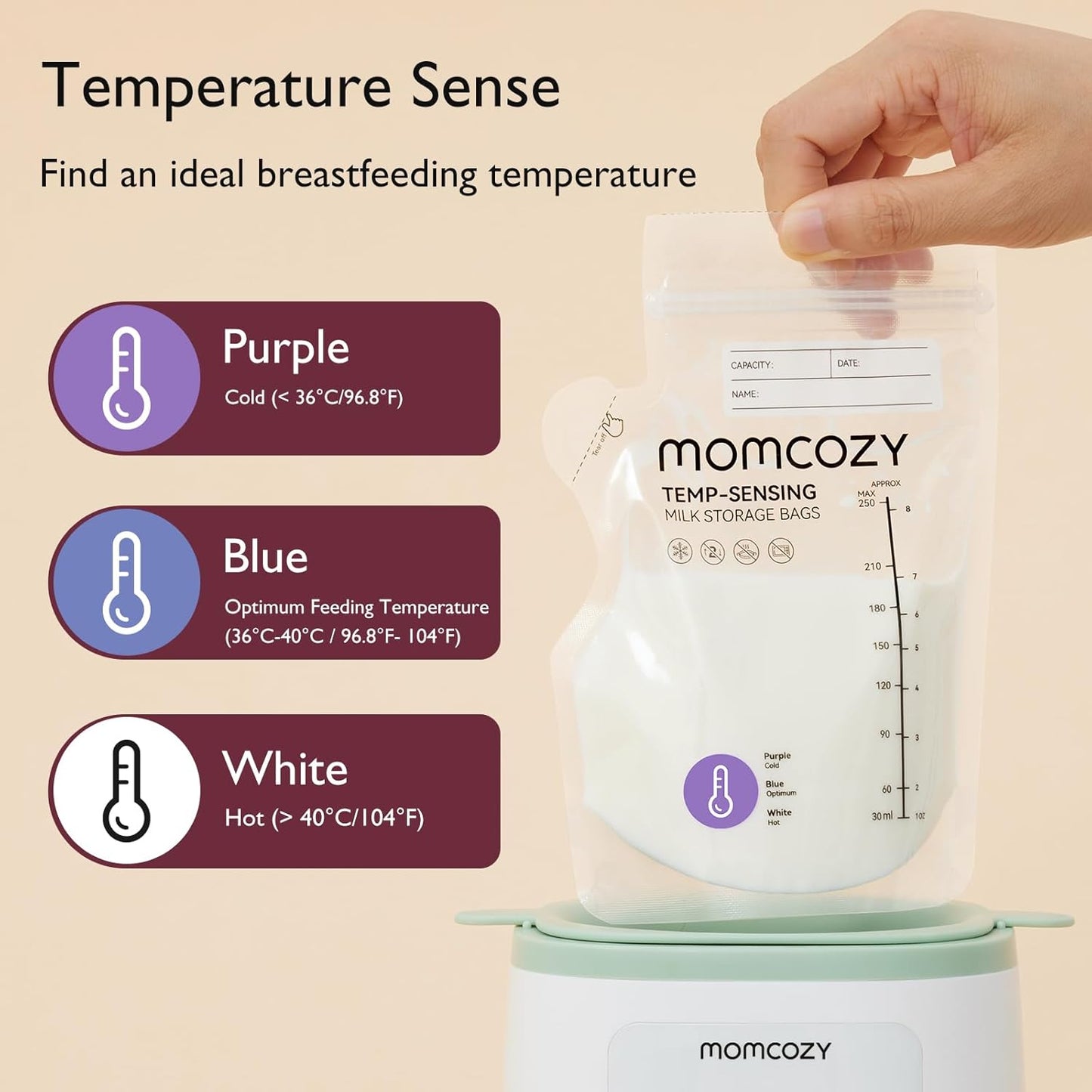 Momcozy Easy Pour Breastmilk Storage Bag, 8Oz, Temp-Sensing Color Change, 200 Count Milk Bag with Self Standing for Breastfeeding, No Leak Presterilized for Freezer, Recyclable & BPA Free