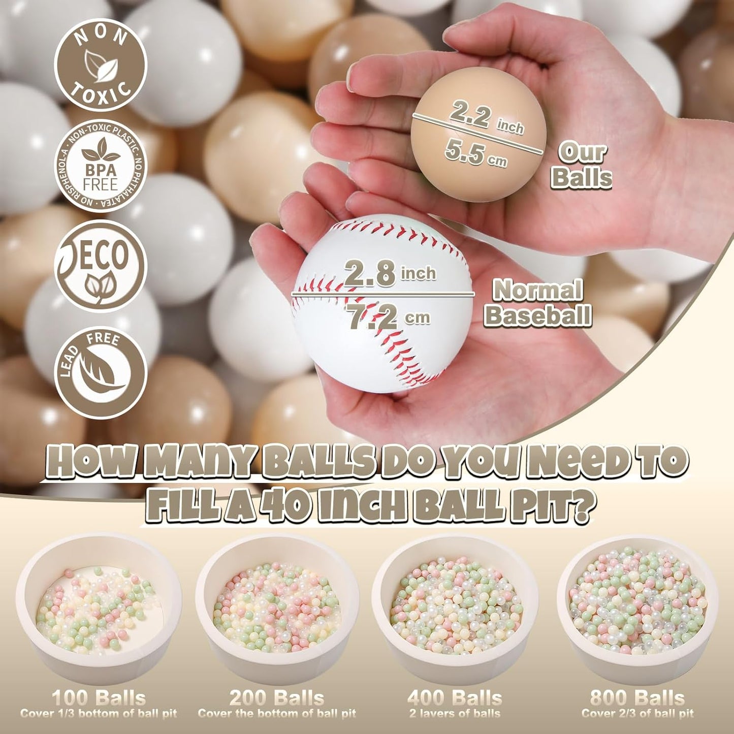 GOGOSO Balls for Ball Pit - Plastic Ball for Toddlers 1-3, Baby Kids Ball Pool Decoration 50 100 200 300 500 1000 (Grey+Coffee+ Beige+White, 200 Balls)