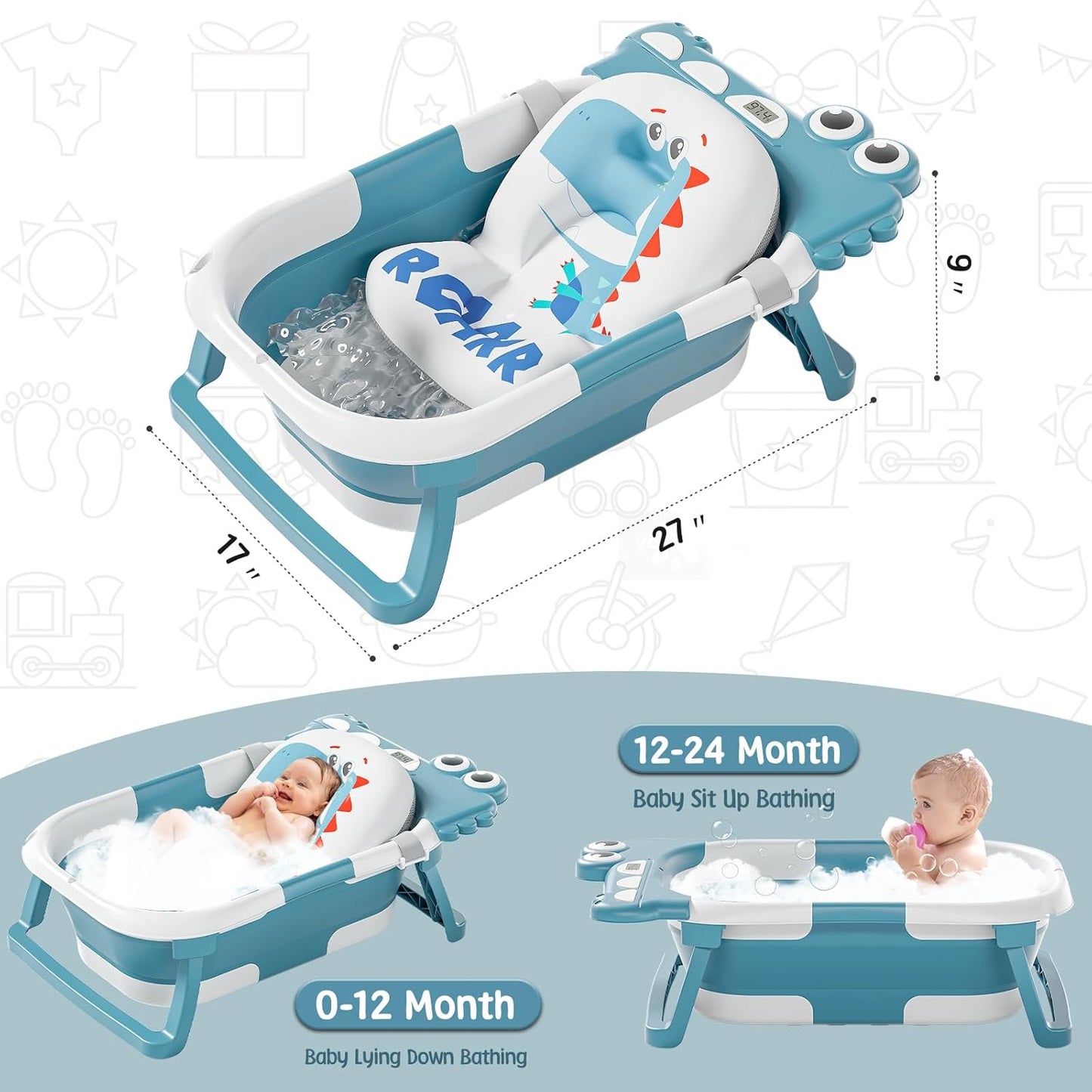 MoreFeel Collapsible Baby Bathtub for Newborn with Thermometer & 1 Hooded Towel & 1 Soft Floating Cushion,Portable Travel Bathtub with Drain Hole, Durable Foldable Baby Tubs for Infants to Toddler