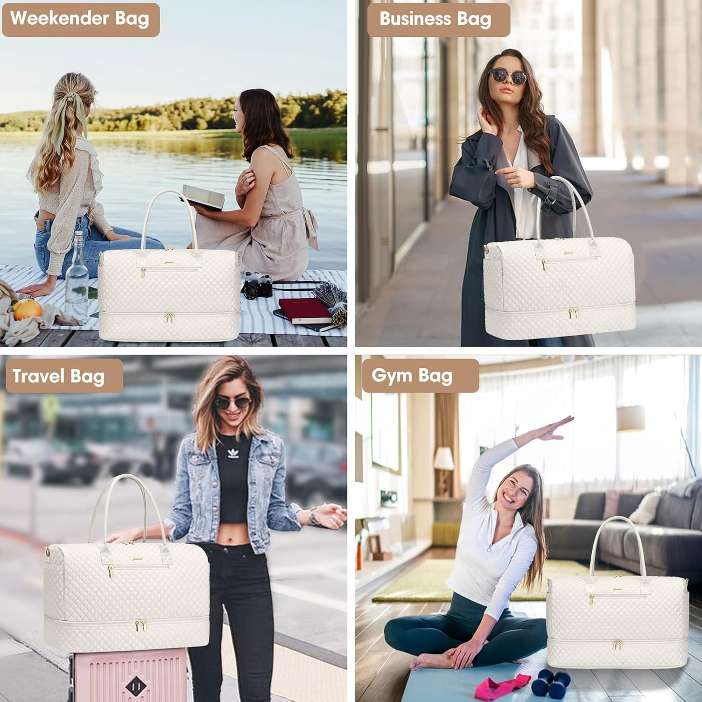 Travel Overnight Bag Weekender Bags - Duffle Bag Women with Shoe Compartment Carry On Overnight Bag with Toiletry Bag Duffel Bags with Wet Pocket for Gym Hospital Bags for Labor and Delivery Beige